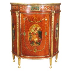 Period 1780s English Paint decorated Satinwood Demilune Side Cabinet Commode