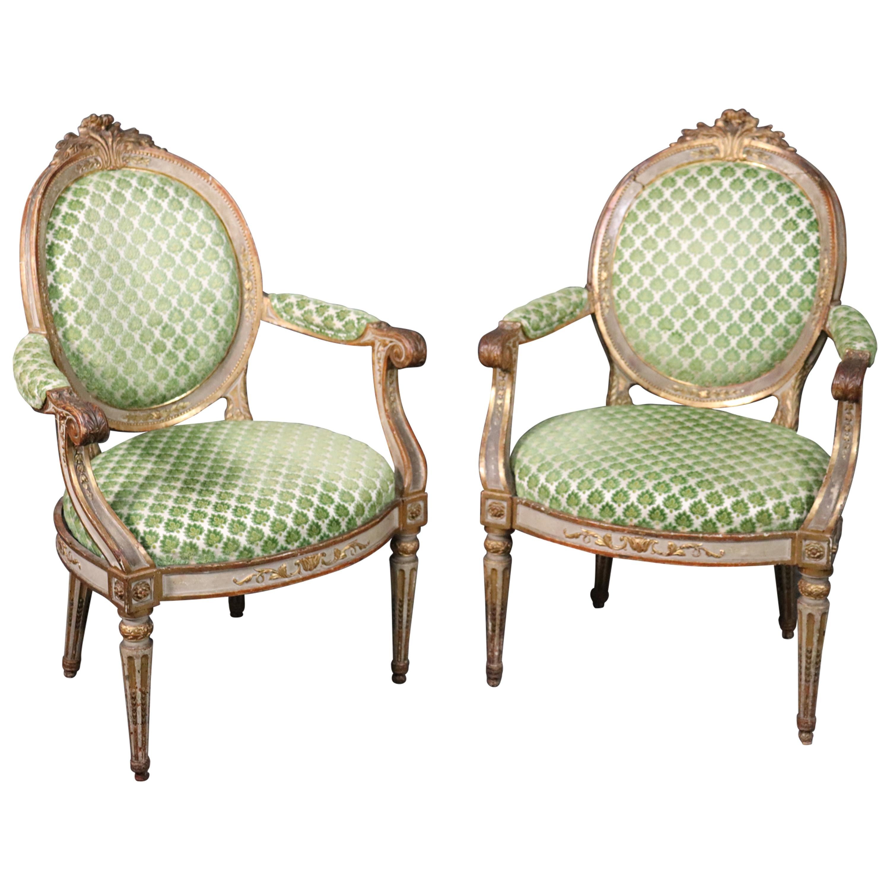 Period 1780s French Louis XVI Gilded and Painted Dining Armchairs Fauteuil, Pair