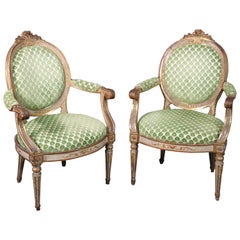 Period 1780s French Louis XVI Gilded and Painted Dining Armchairs Fauteuil, Pair