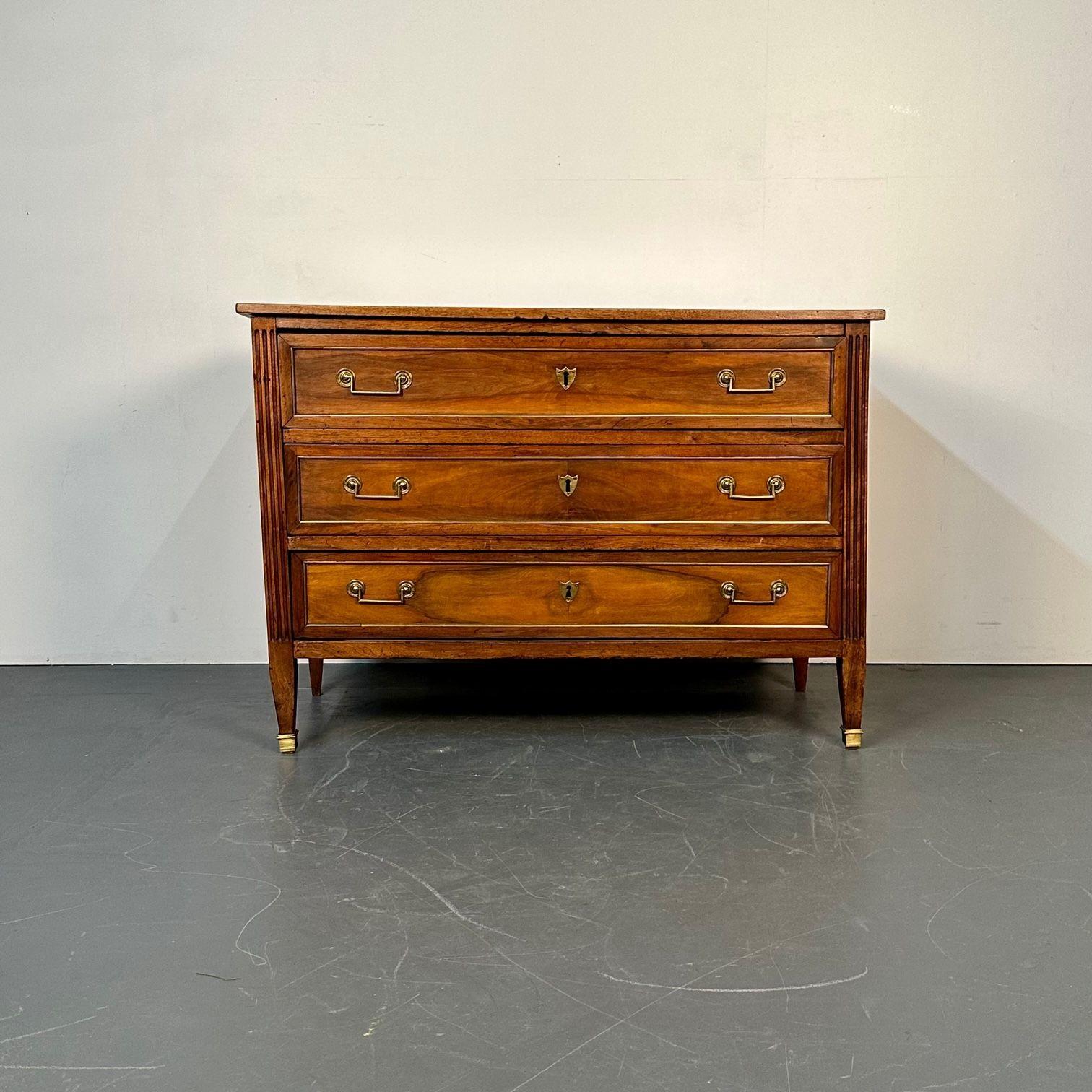 18th Century French Louis XVI Mahogany Commode / Chest, Bronze Accent
A late 18th Century Chest of Drawers in the Louis XVI Fashion having three bronze framed drawers each having bronze drawer pulls. The case framed in bronze on bronze sabots. The