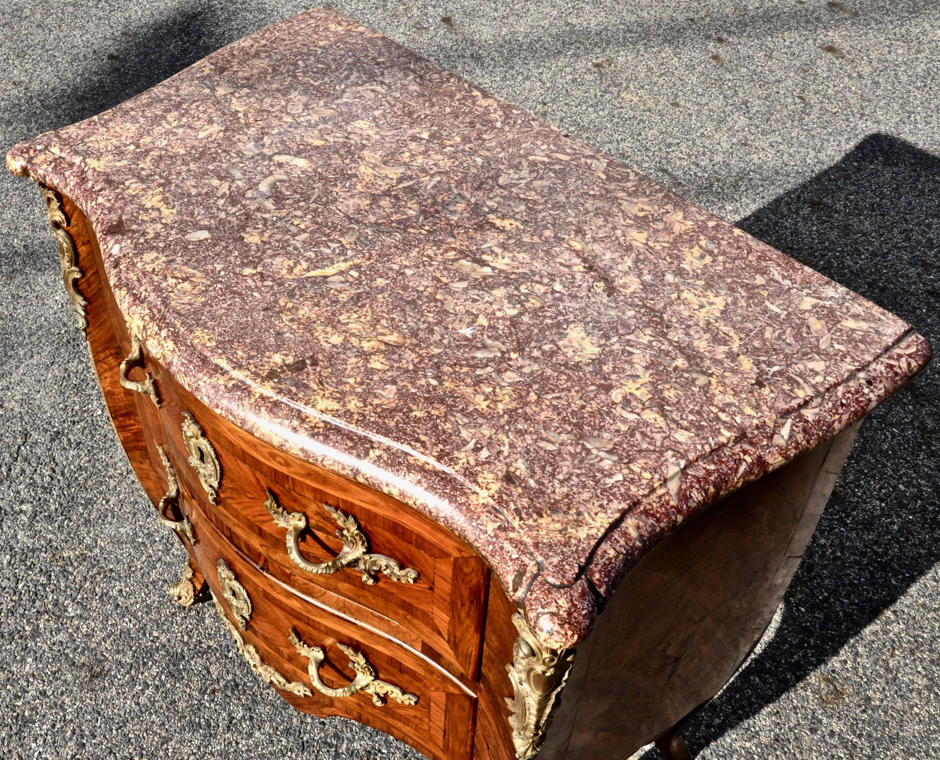 Marquetry Period 18th Century Kingwood Marble-Top Louis XV Commode, Signed Saunier