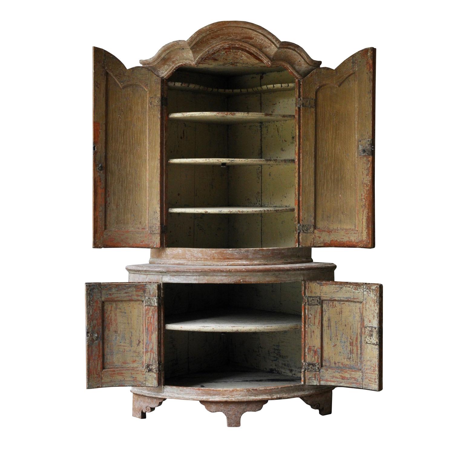 Swedish Period 18th Century Rococo Corner Cabinet in Original Paint For Sale