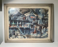 Großes blaues abstraktes Stadtbild-Aquarell von Doris White aus der Zeit der 1950er Jahre