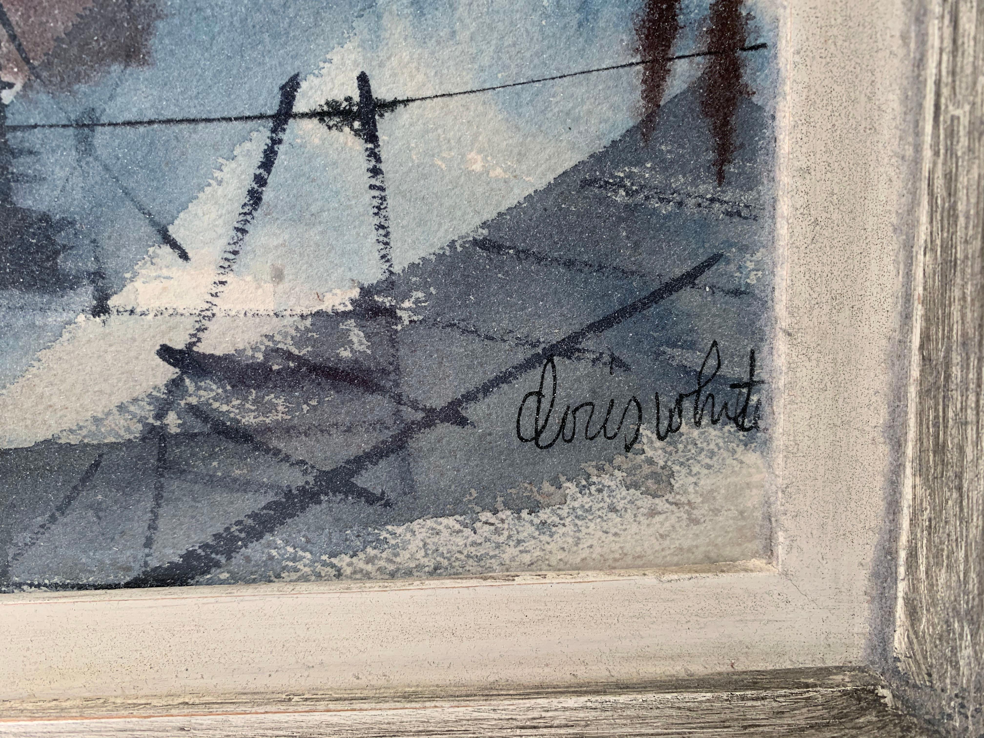 Großes blaues abstraktes Stadtbild-Aquarell von Doris White aus der Zeit der 1950er Jahre (Moderne der Mitte des Jahrhunderts) im Angebot