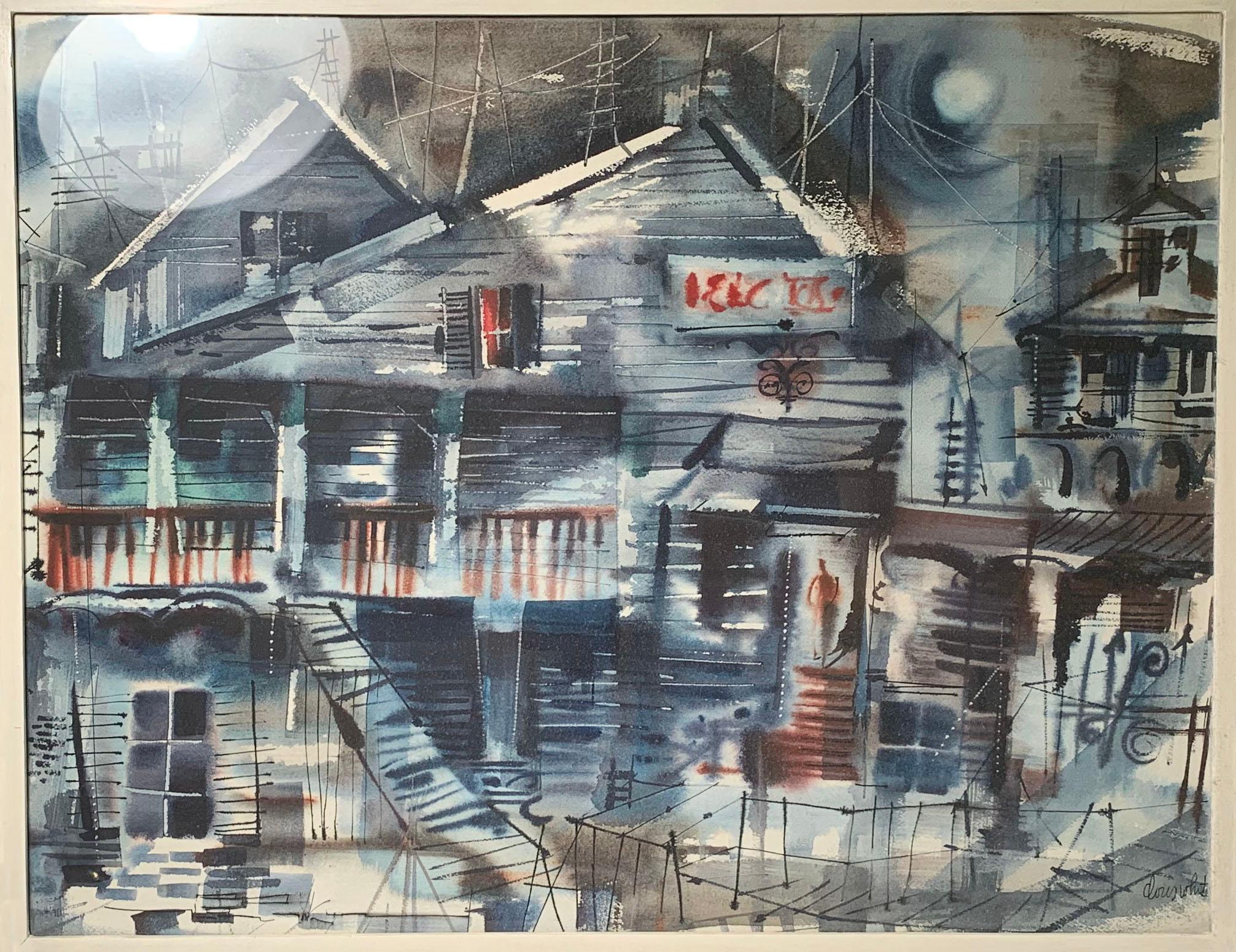 Großes blaues abstraktes Stadtbild-Aquarell von Doris White aus der Zeit der 1950er Jahre (amerikanisch) im Angebot