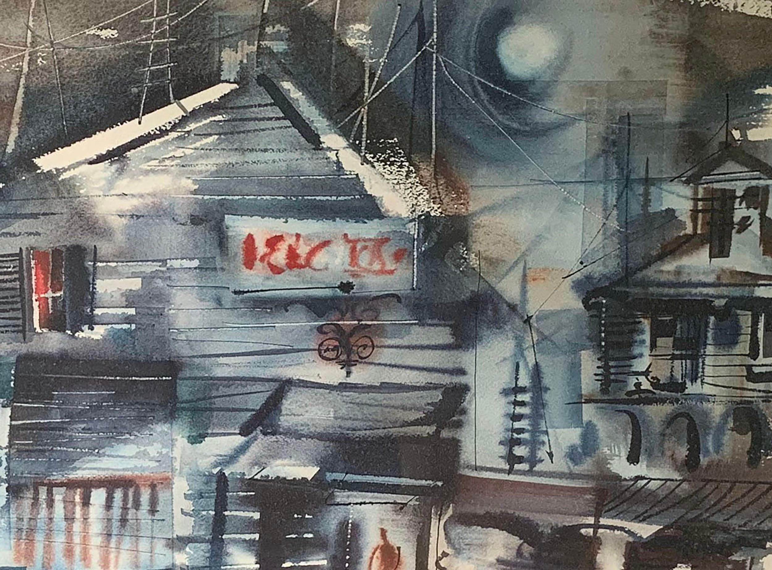 Großes blaues abstraktes Stadtbild-Aquarell von Doris White aus der Zeit der 1950er Jahre im Zustand „Gut“ im Angebot in Chicago, IL