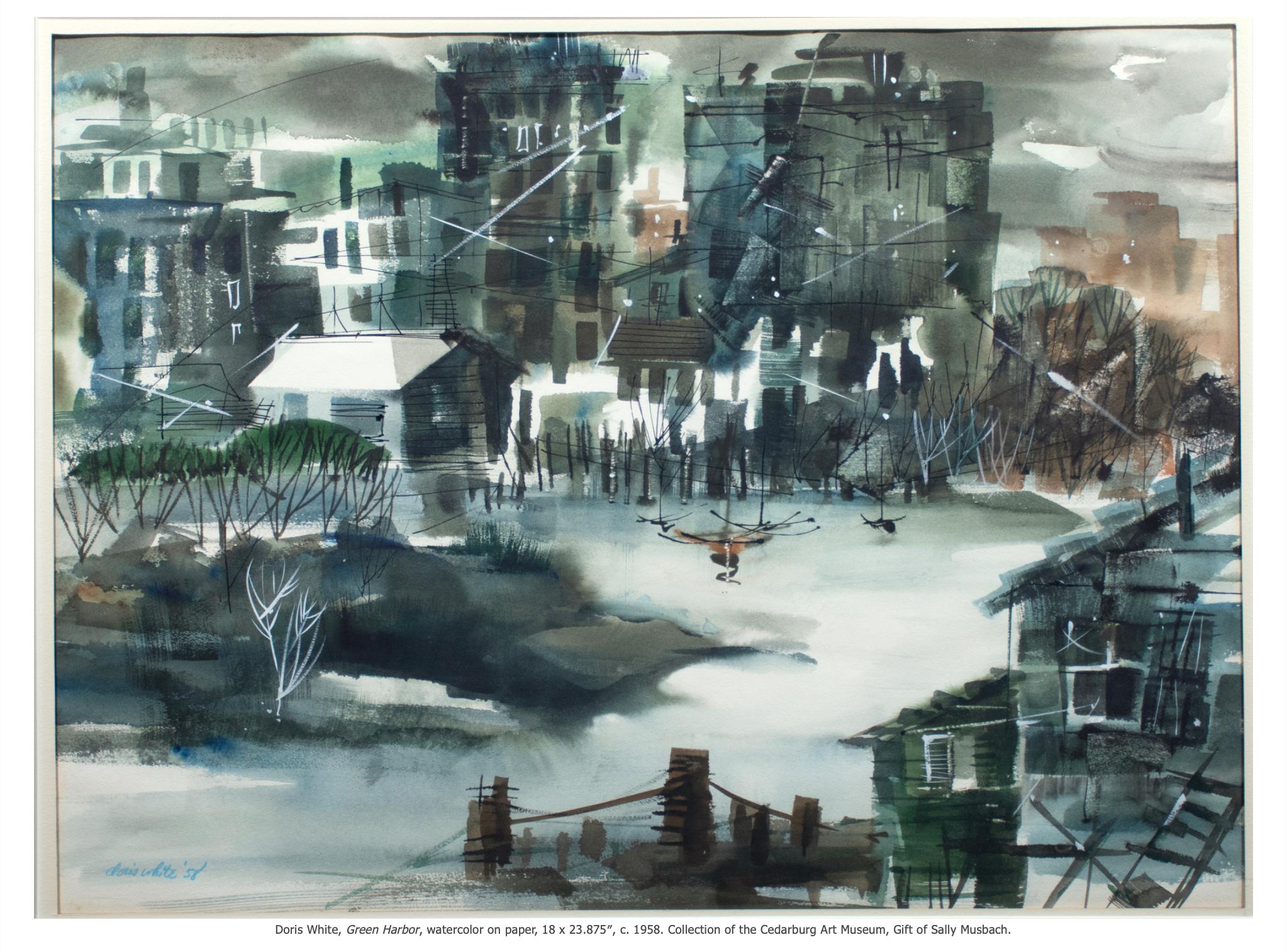 Großes blaues abstraktes Stadtbild-Aquarell von Doris White aus der Zeit der 1950er Jahre (Papier) im Angebot