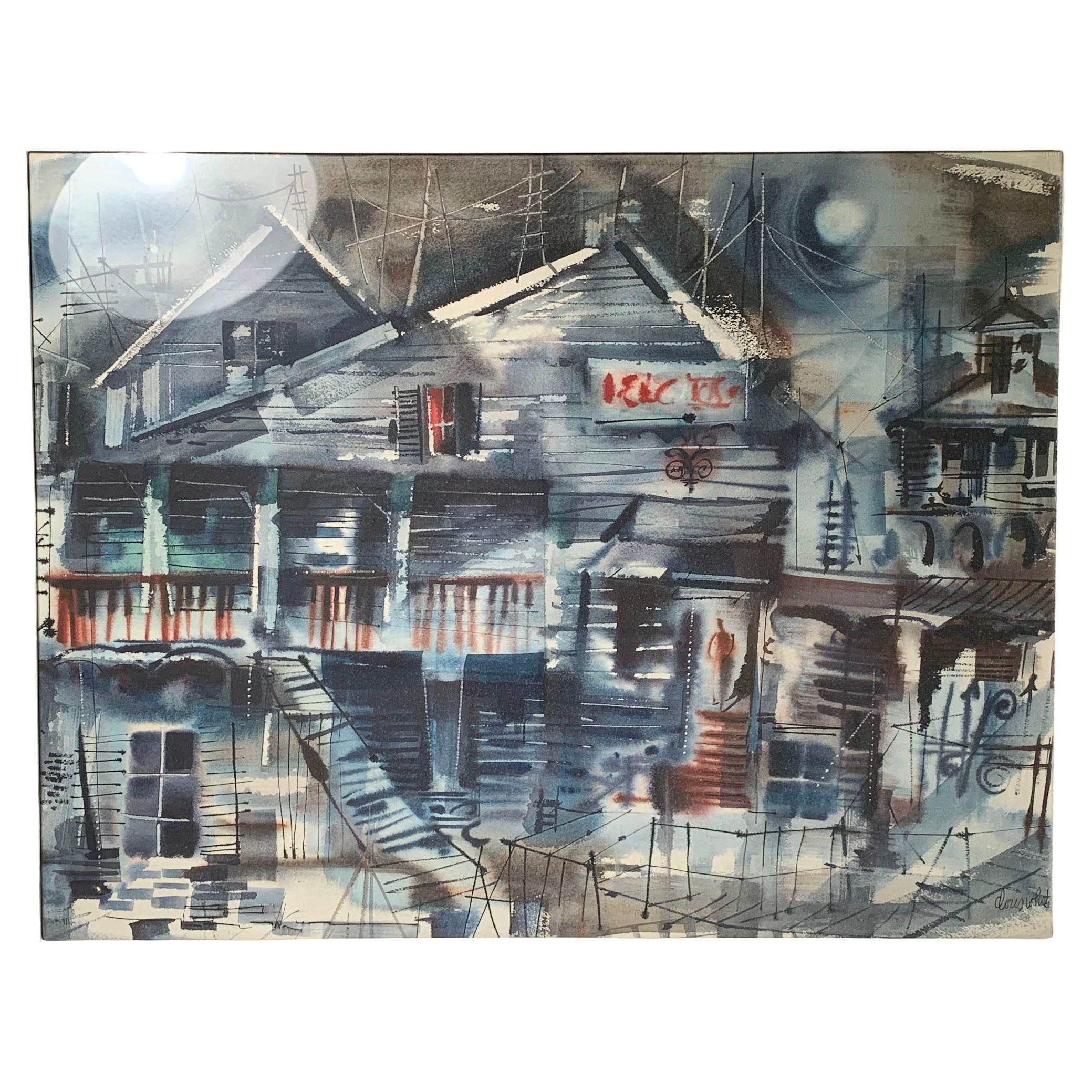 Grande aquarelle abstraite bleue de Doris White, datant des années 1950, représentant un paysage urbain.
