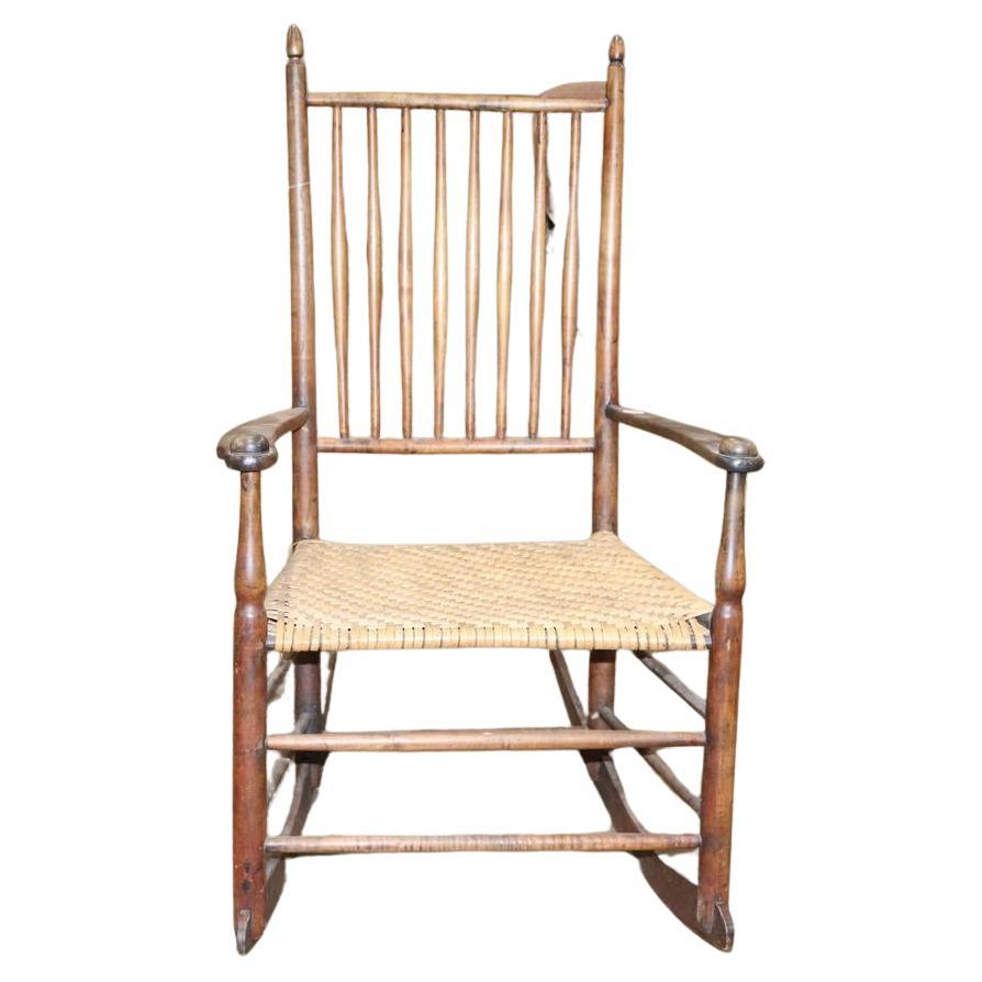 Ancienne chaise à bascule Shaker d'époque coloniale américaine siège en jonc 18ème siècle