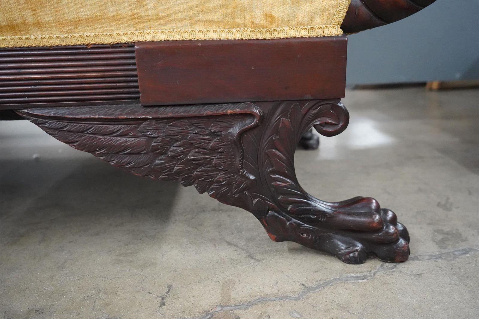 Cotton Antique Period American Federal Highly Carved Mahogany Sofa Circa 1800 For Sale