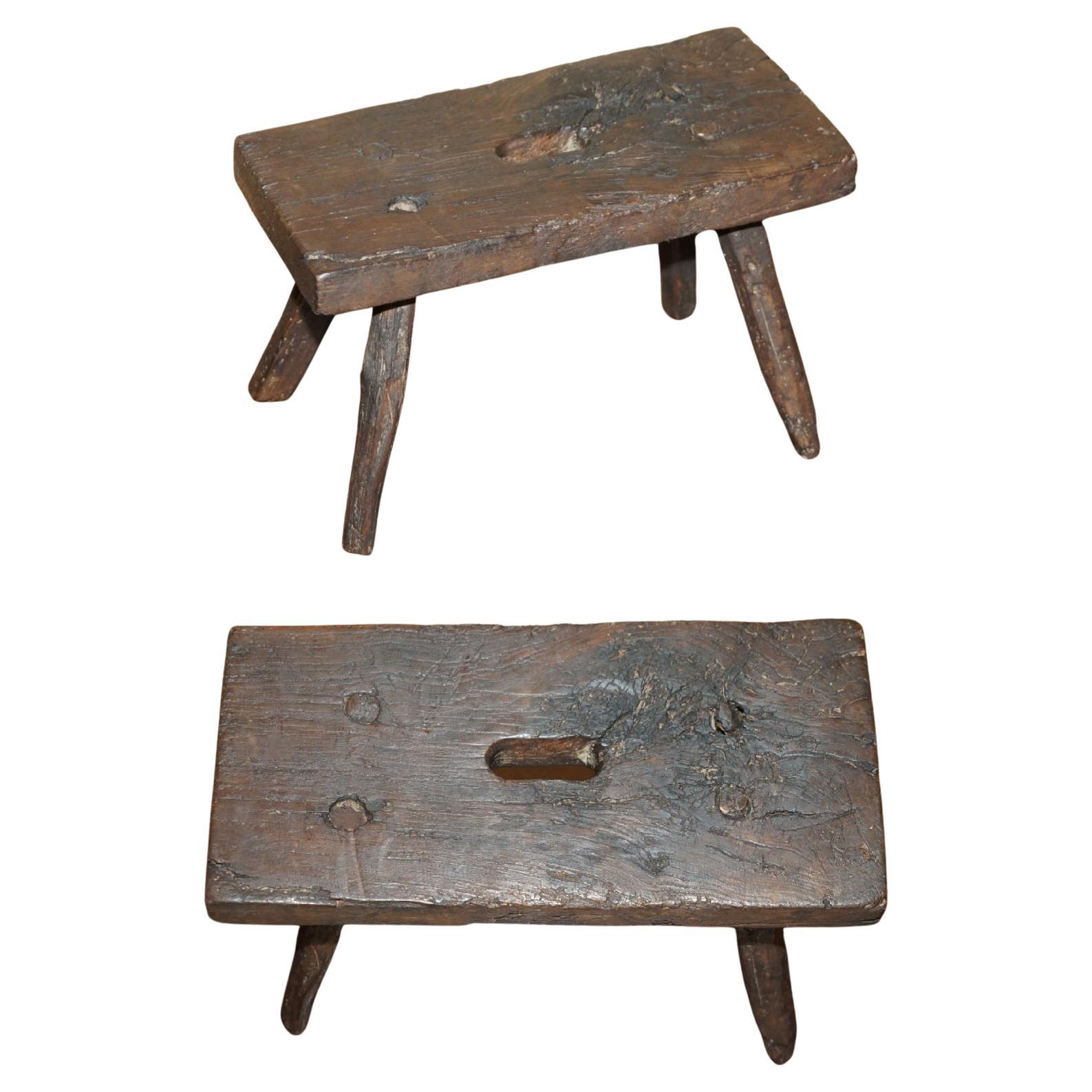 PERIOD ANTIQUE 1900 MiLKING DAIRY STOOL FOUR HAND CARVED LEGS ORIGINAL PATINA