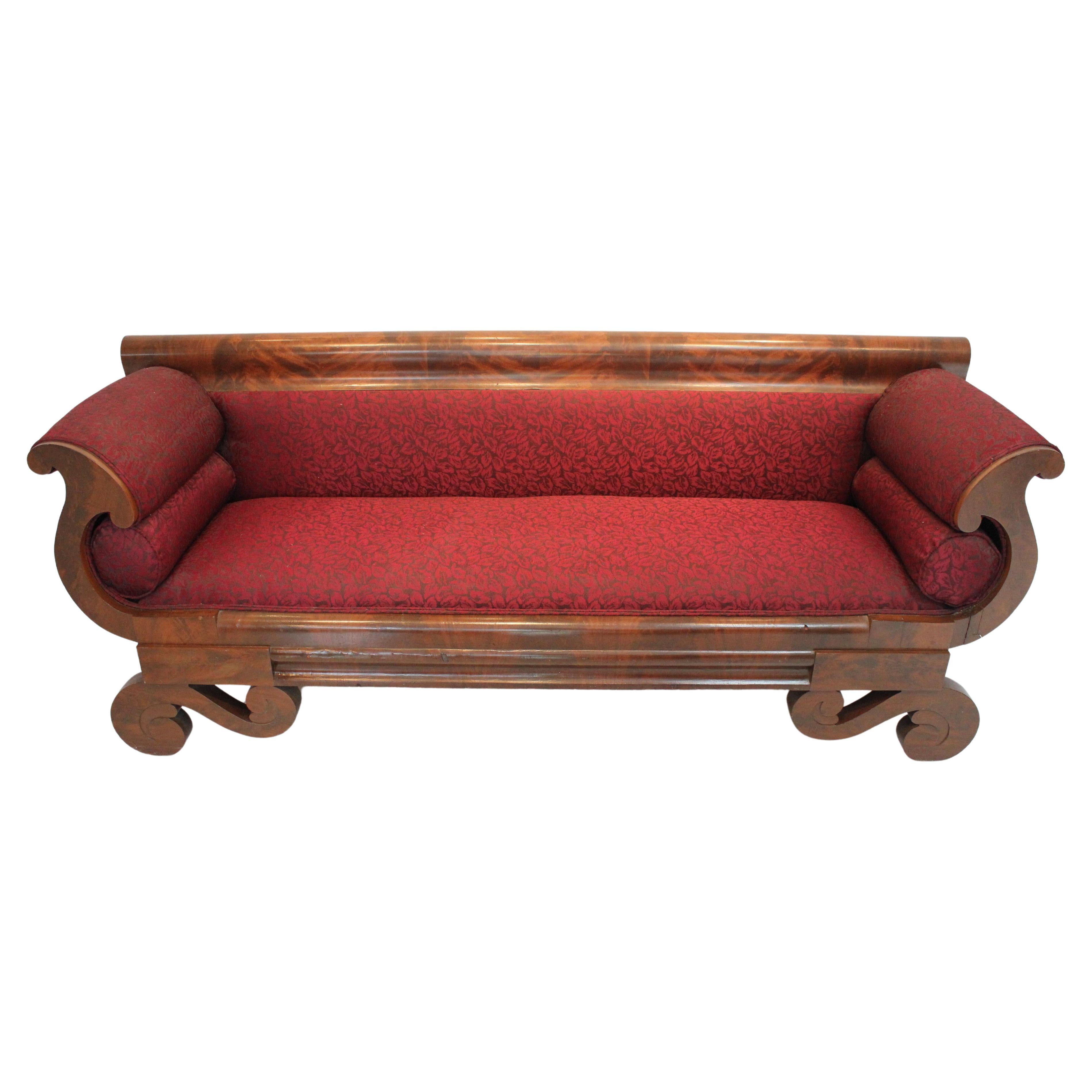 Period Antique American Classical Empire Flame Mahogany Sofa Circa 1840
