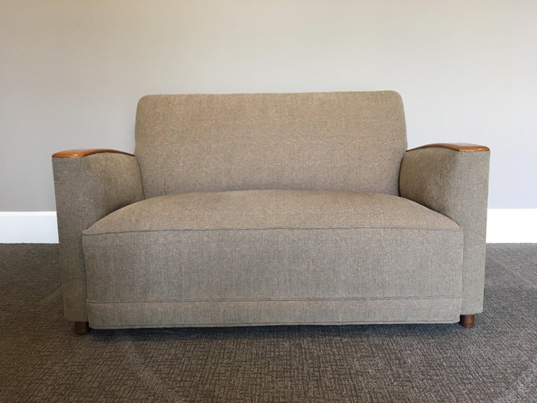 Period Art Deco Loveseat Settee with Wood Arms at 1stdibs