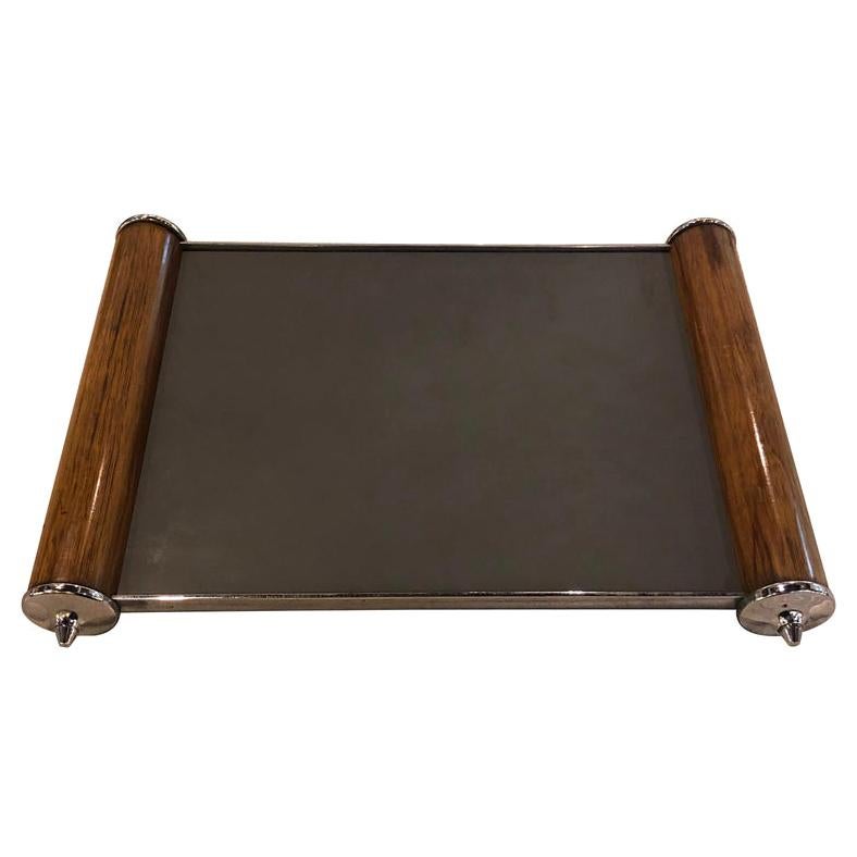 Period Art Deco Serving Tray Rosewood and Chrome Mirror Top Made in Belgium For Sale