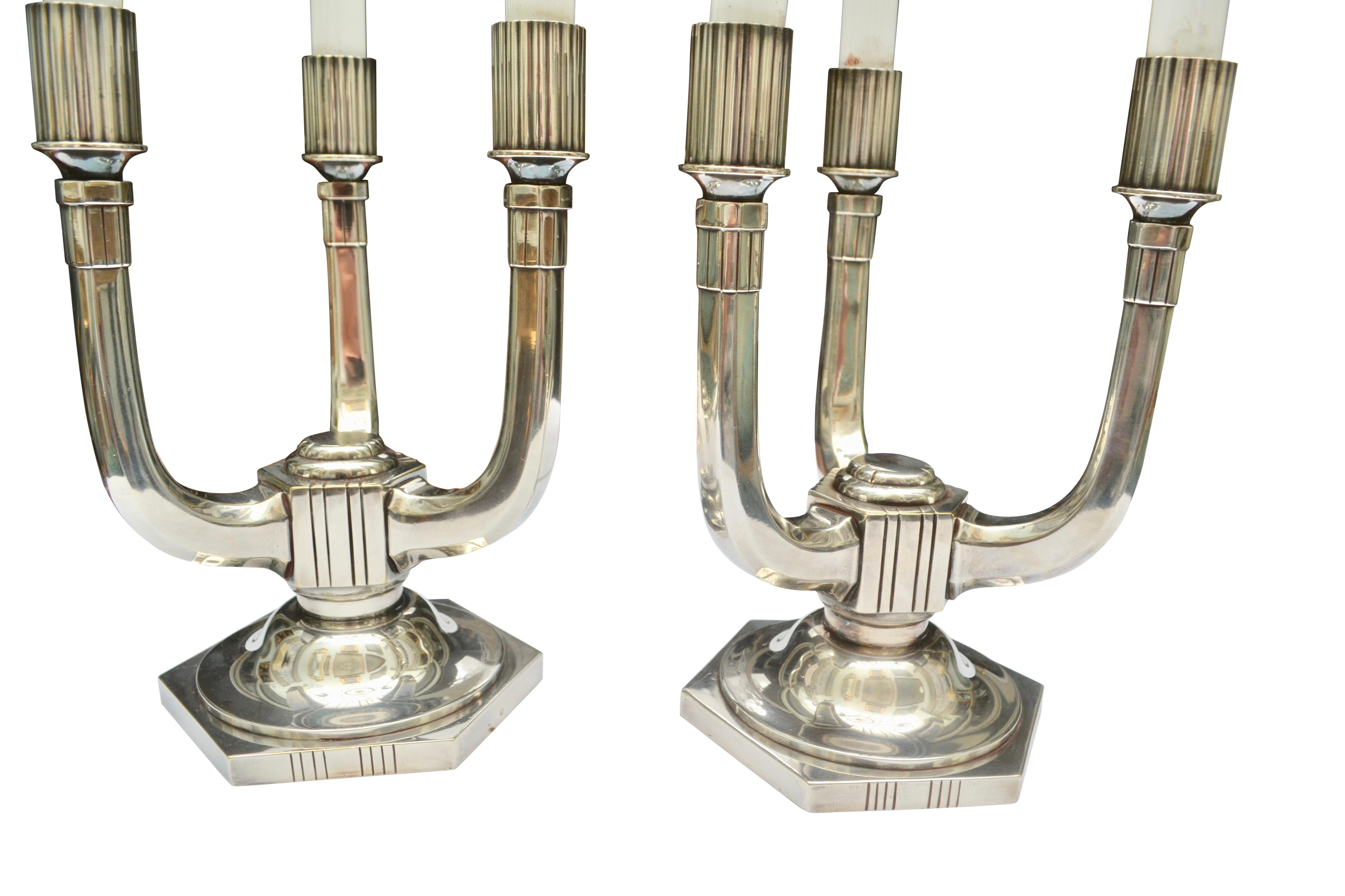 Period Art Deco Silvered Bronze Lamps/Candlesticks  In Excellent Condition For Sale In Vancouver, British Columbia