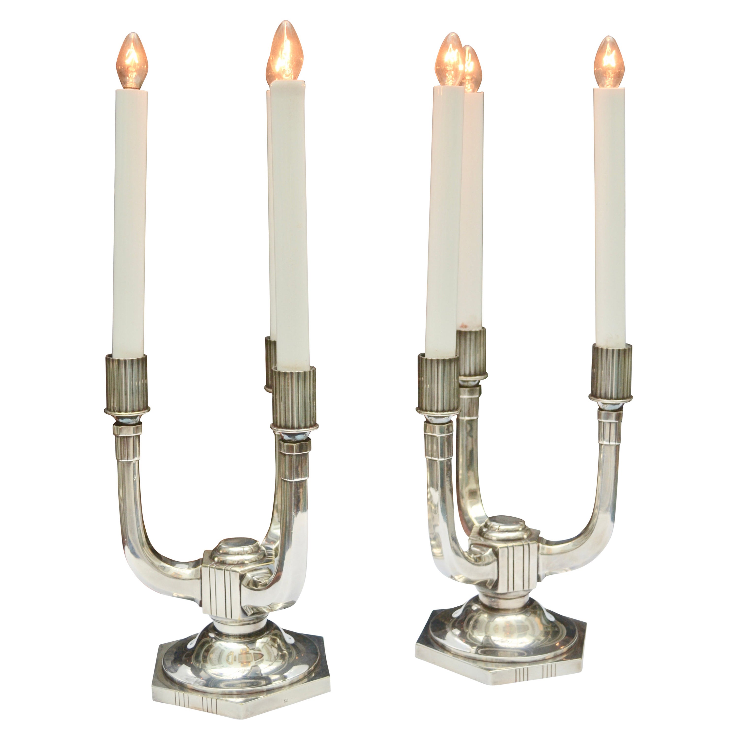 Lámparas/Candelabros de Bronce Plateado Art Déco de Época