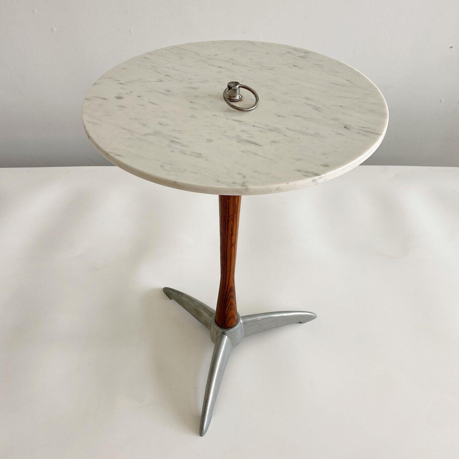 Art Deco side table, smoking table with aluminum base, oak pedestal and Carrara marble top. Completely restored to original finish.