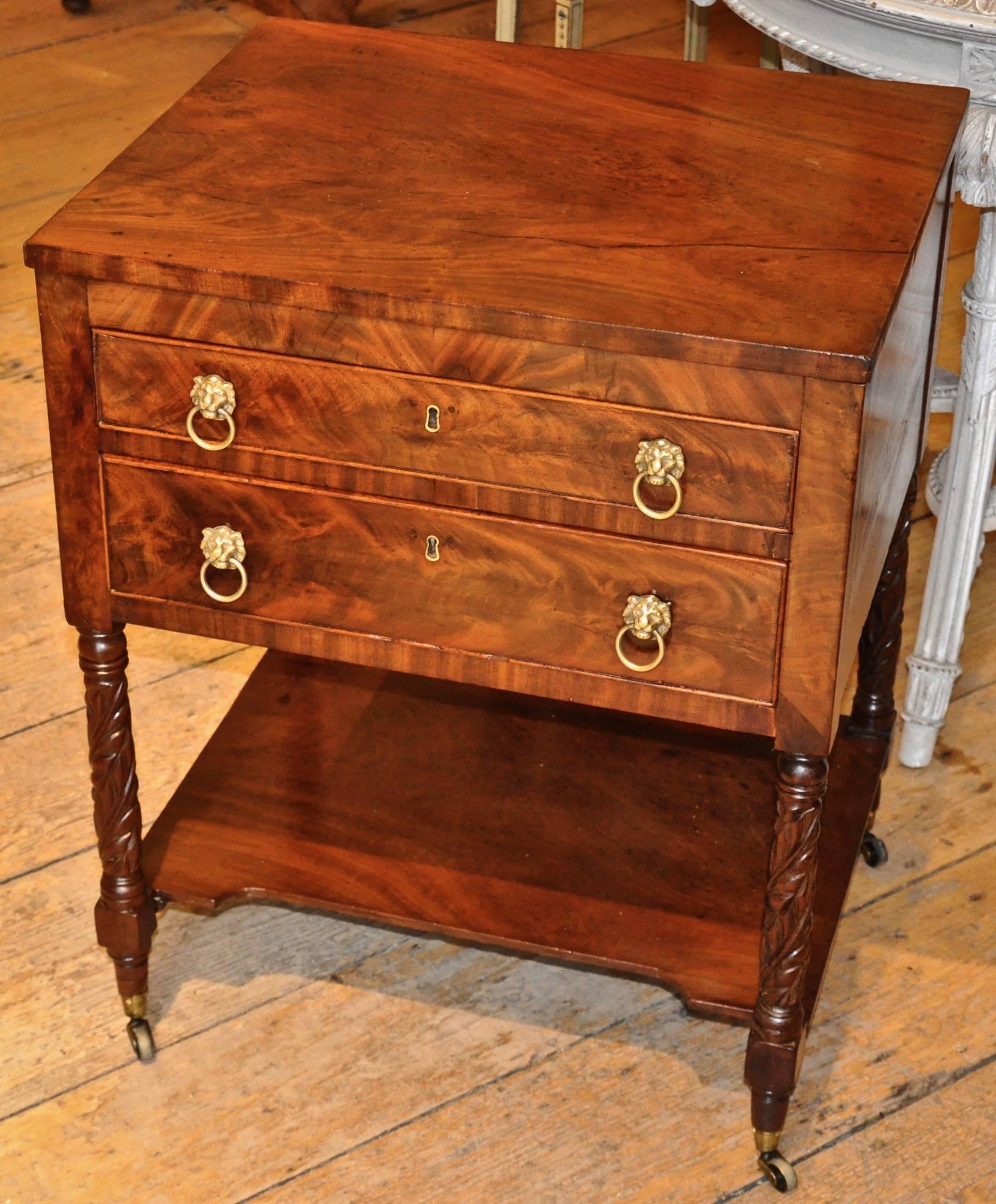 Period Federal mahogany stand or side table

Two drawers and bottom shelf. Bookmatched crotch mahogany. Finished on all sides. Great size for end table or small server. Boston or Salem, Massachusetts.