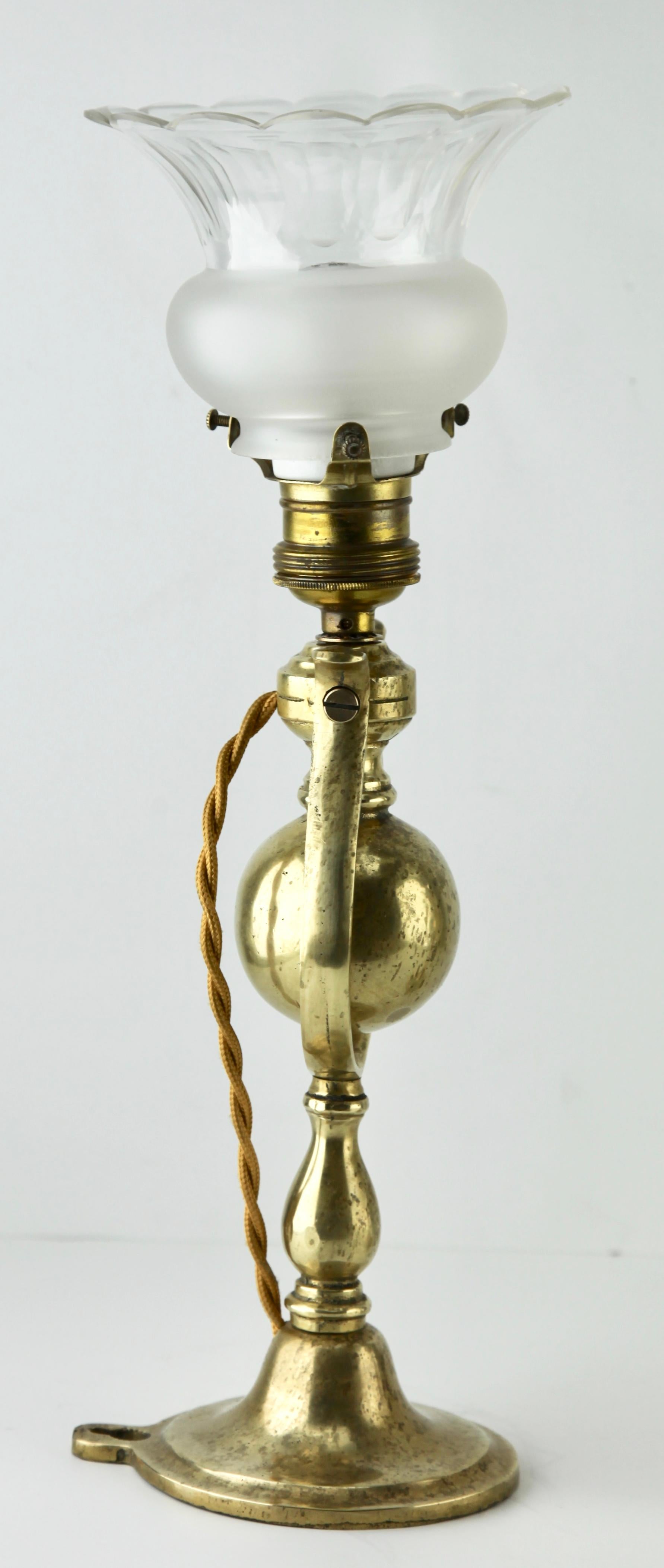 Dutch Period Brass Ship's Wall Lamp with Weighted Gimble and Milk-Glass Lampshade