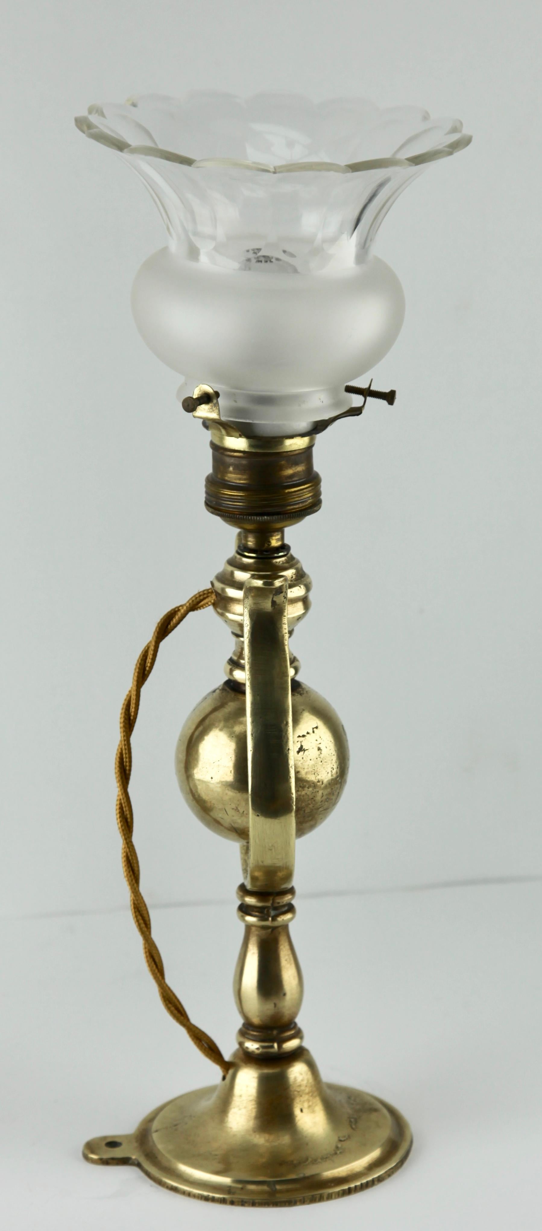 Faceted Period Brass Ship's Wall Lamp with Weighted Gimble and Milk-Glass Lampshade