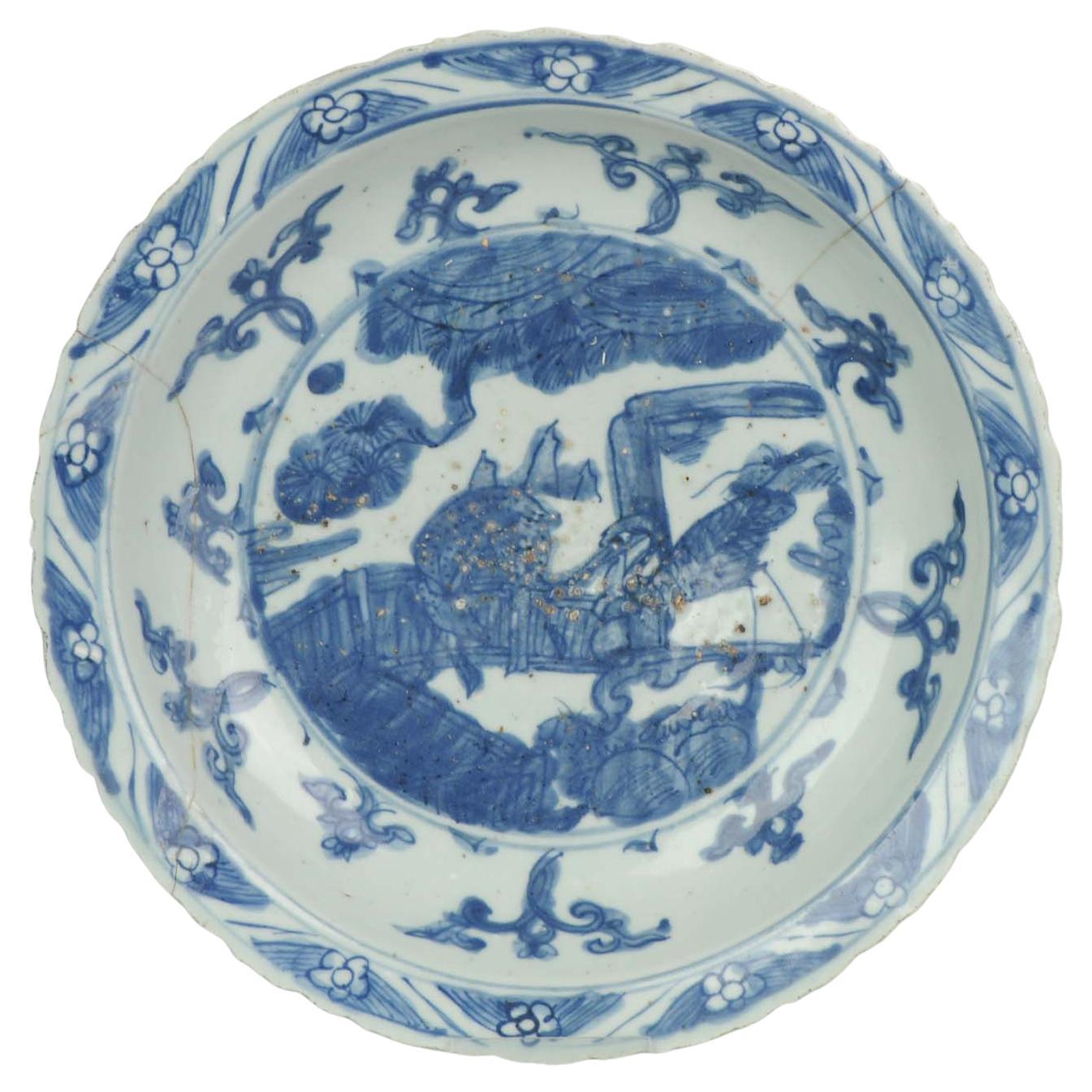 Period Chinese Porcelain Dish Charger Deer and Crane Antique Marked Ming, 16 C For Sale
