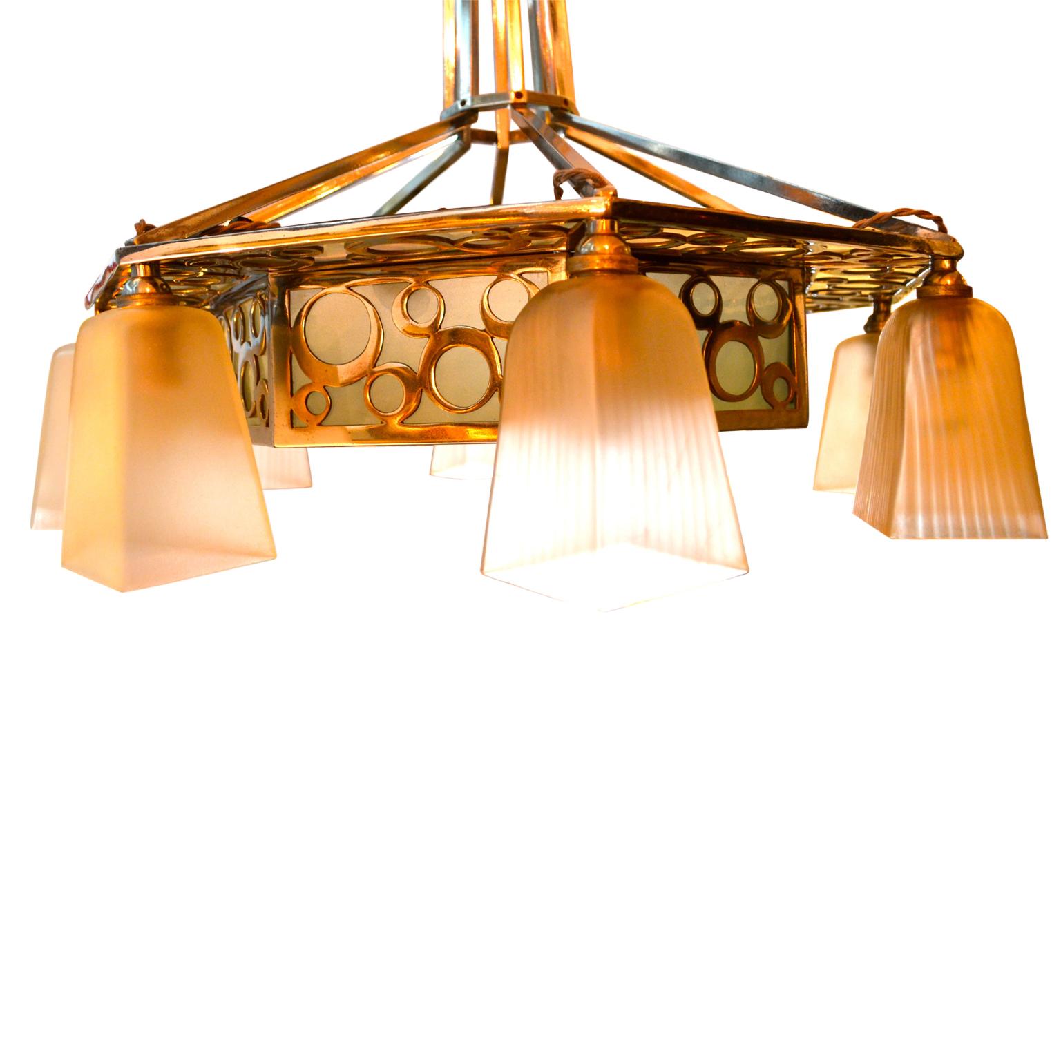 Period Chromed Frame Art Deco Chandelier In Good Condition In Vancouver, British Columbia