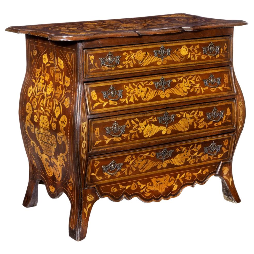 Period Dutch Mahogany Four-Drawer Bombe Marquetry Commode, 1800