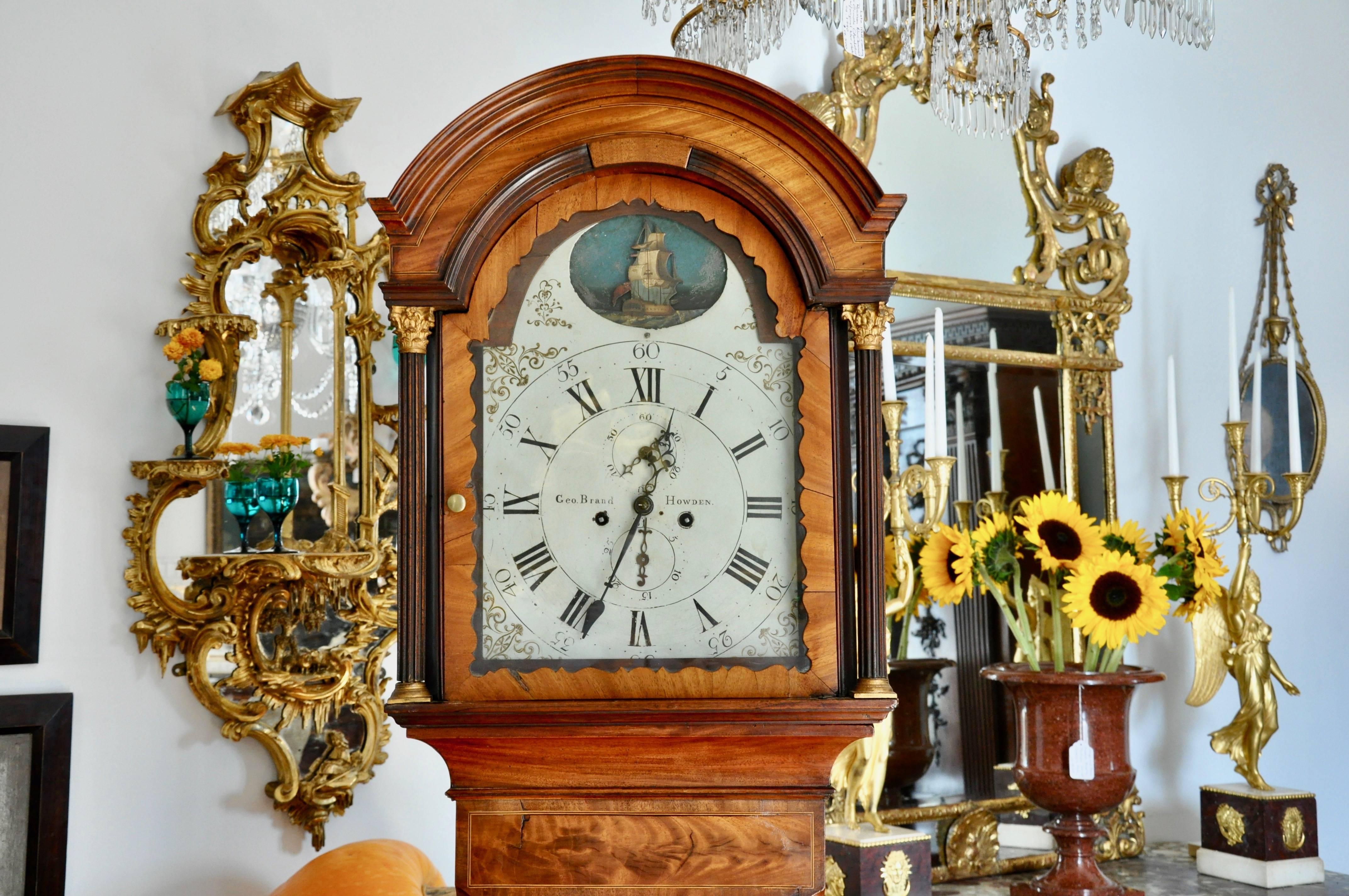 Period English George III Mahogany Long Case Close with Rocking Ship Automaton In Good Condition In Essex, MA