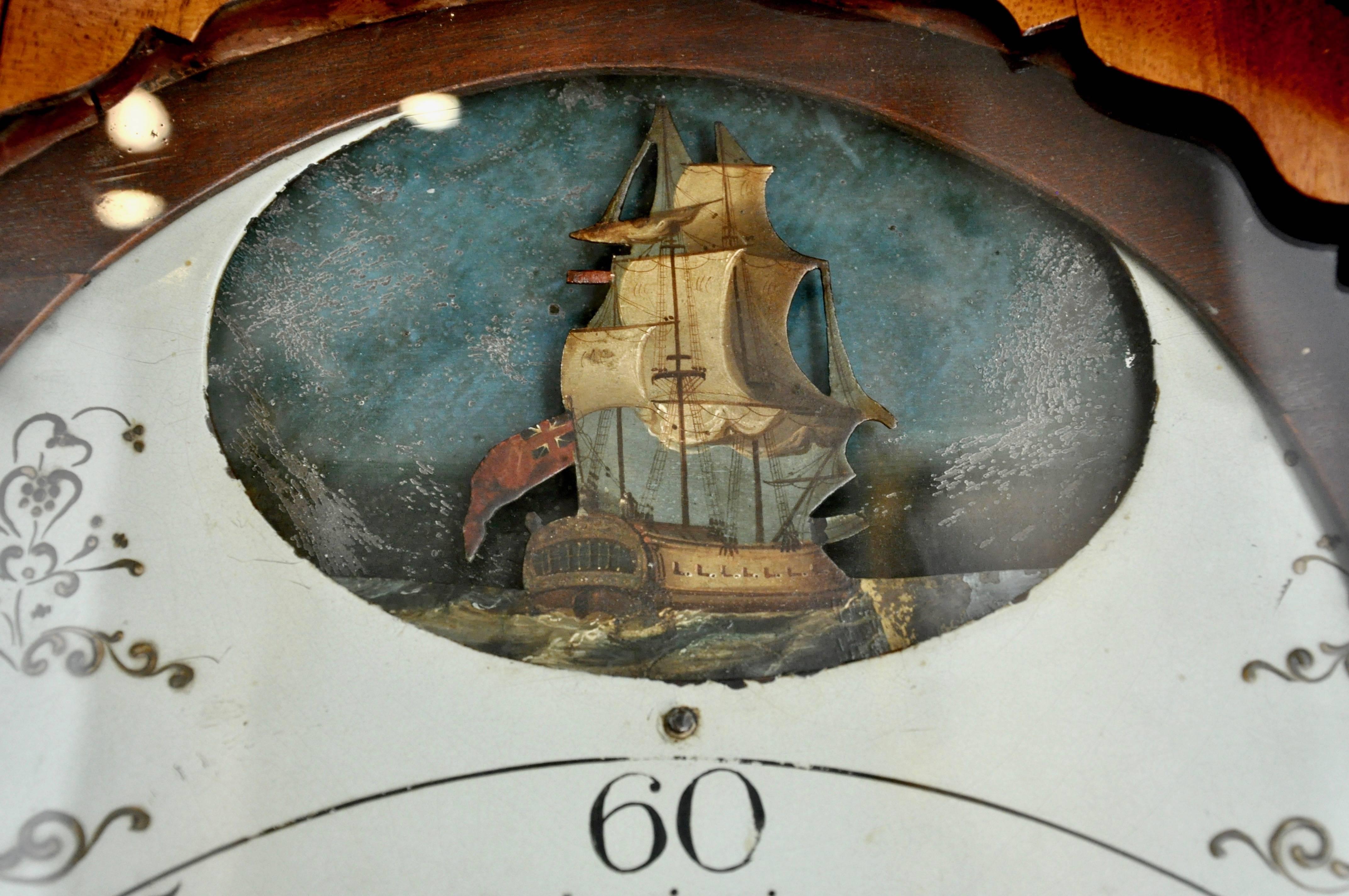 18th Century Period English George III Mahogany Long Case Close with Rocking Ship Automaton