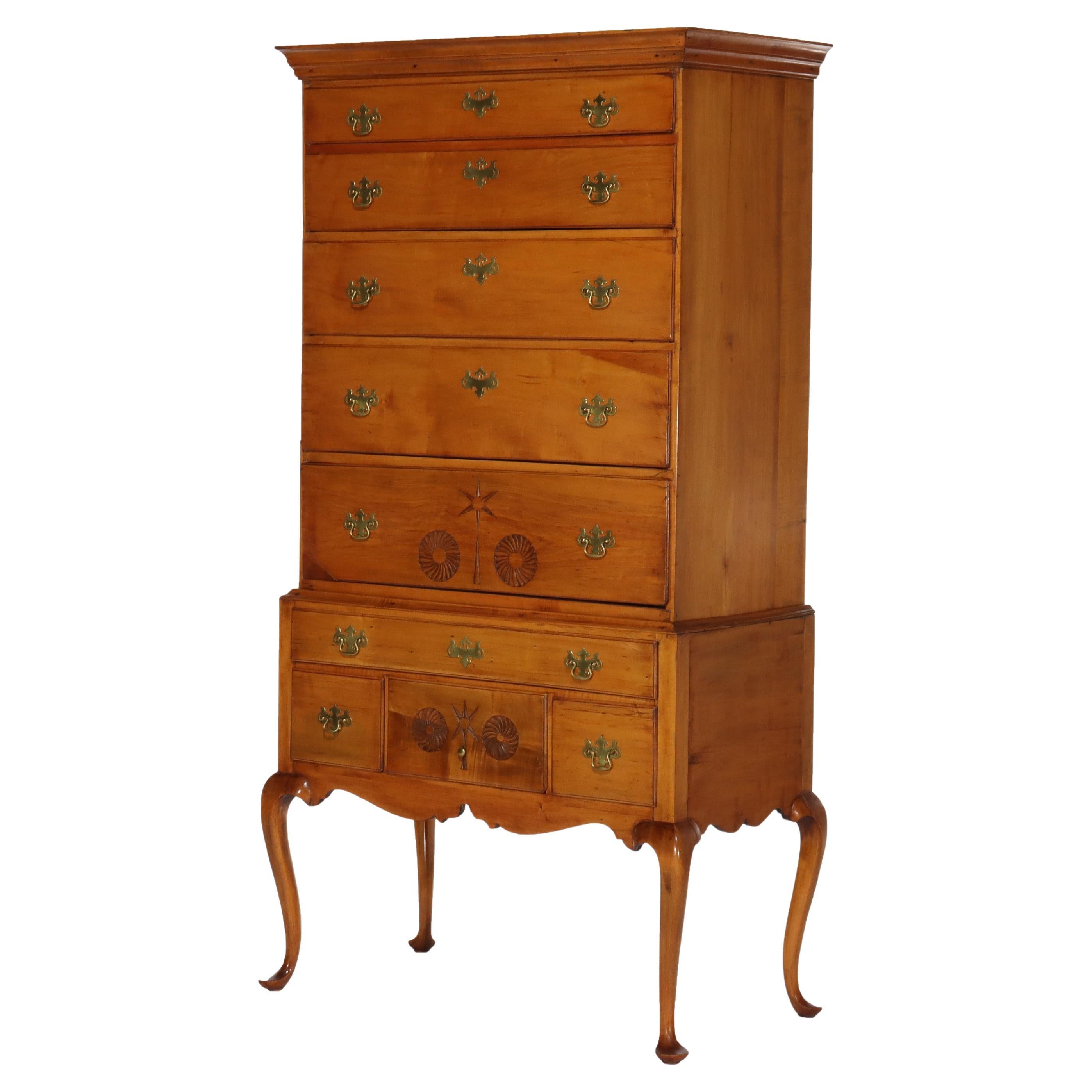 Period Federal Queen Anne Maple Highboy with Rosette & Starburst Pattern C1790