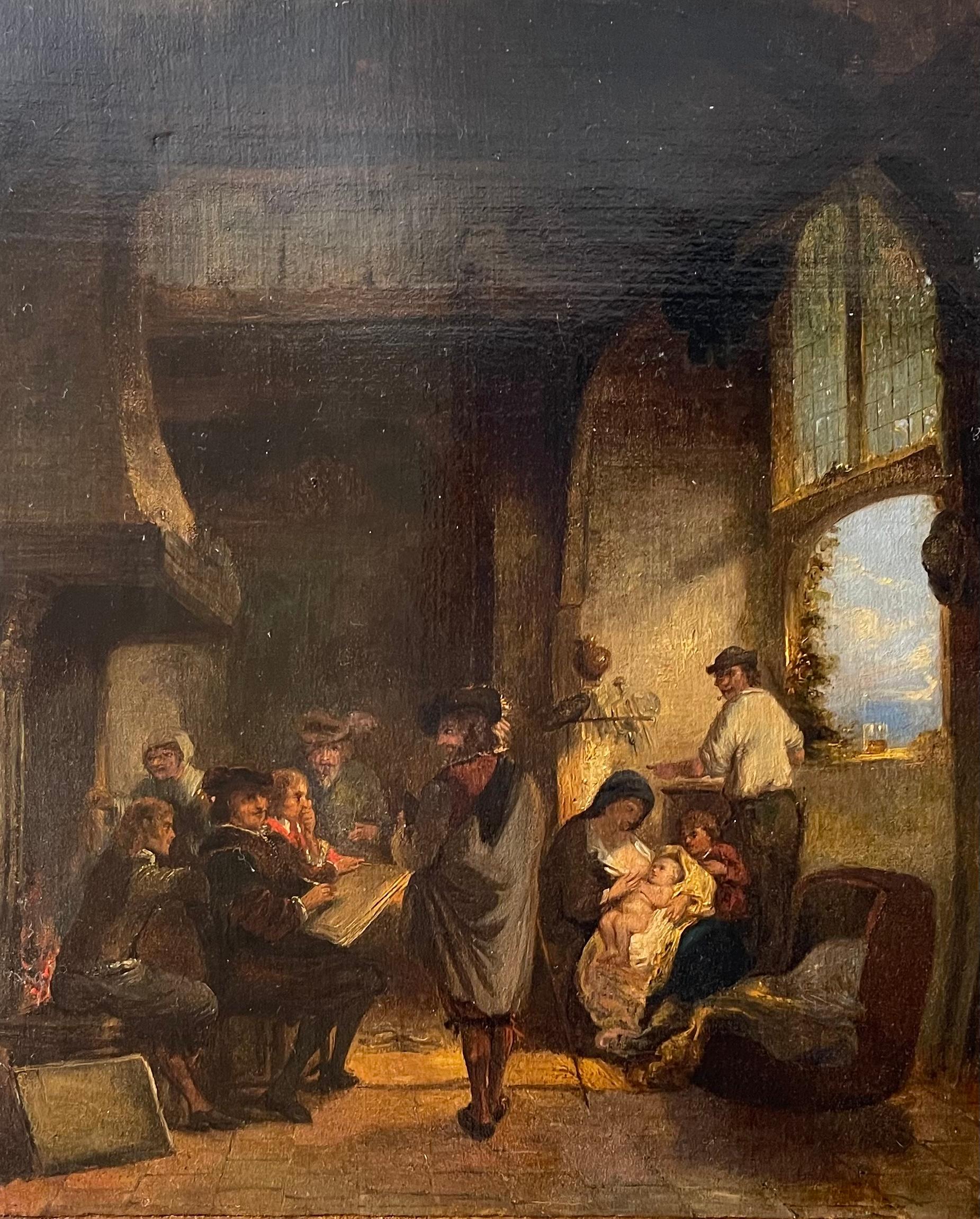 This beautiful Flemish painting from the second half of the 17th century closely resembles the works of the great artist Adriaen Brouwer.
It depicts a classic Flemish interior with lively figures caught in naturalistic attitudes typical of
