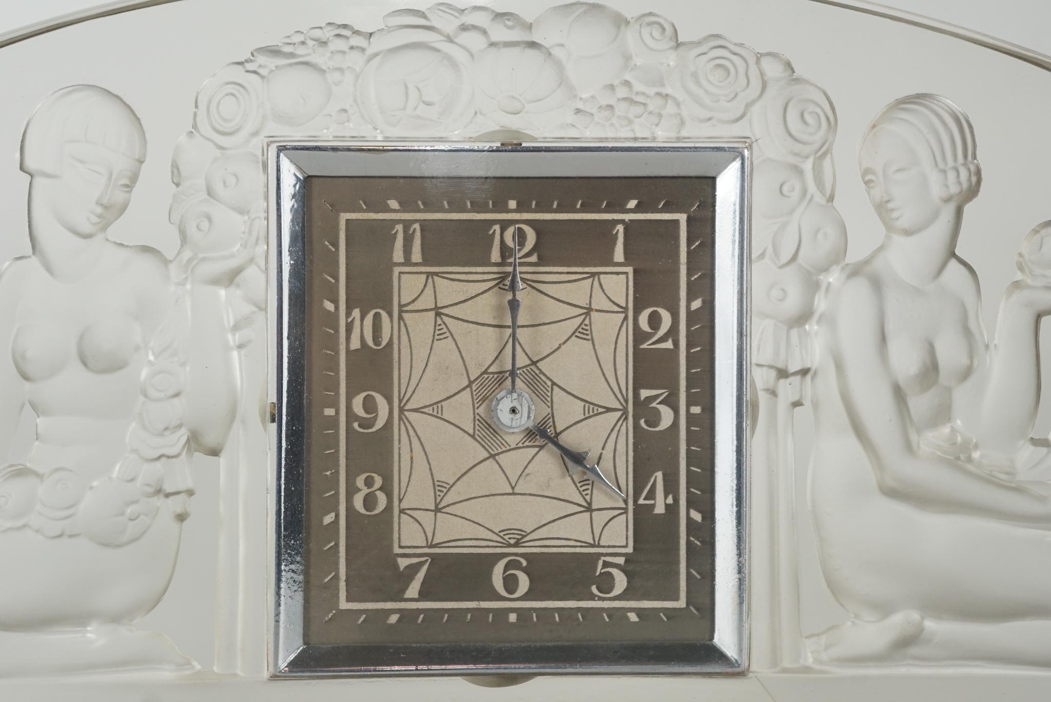 Period French Art Deco Glass & Metal Clock by Sabino In Good Condition In Hudson, NY