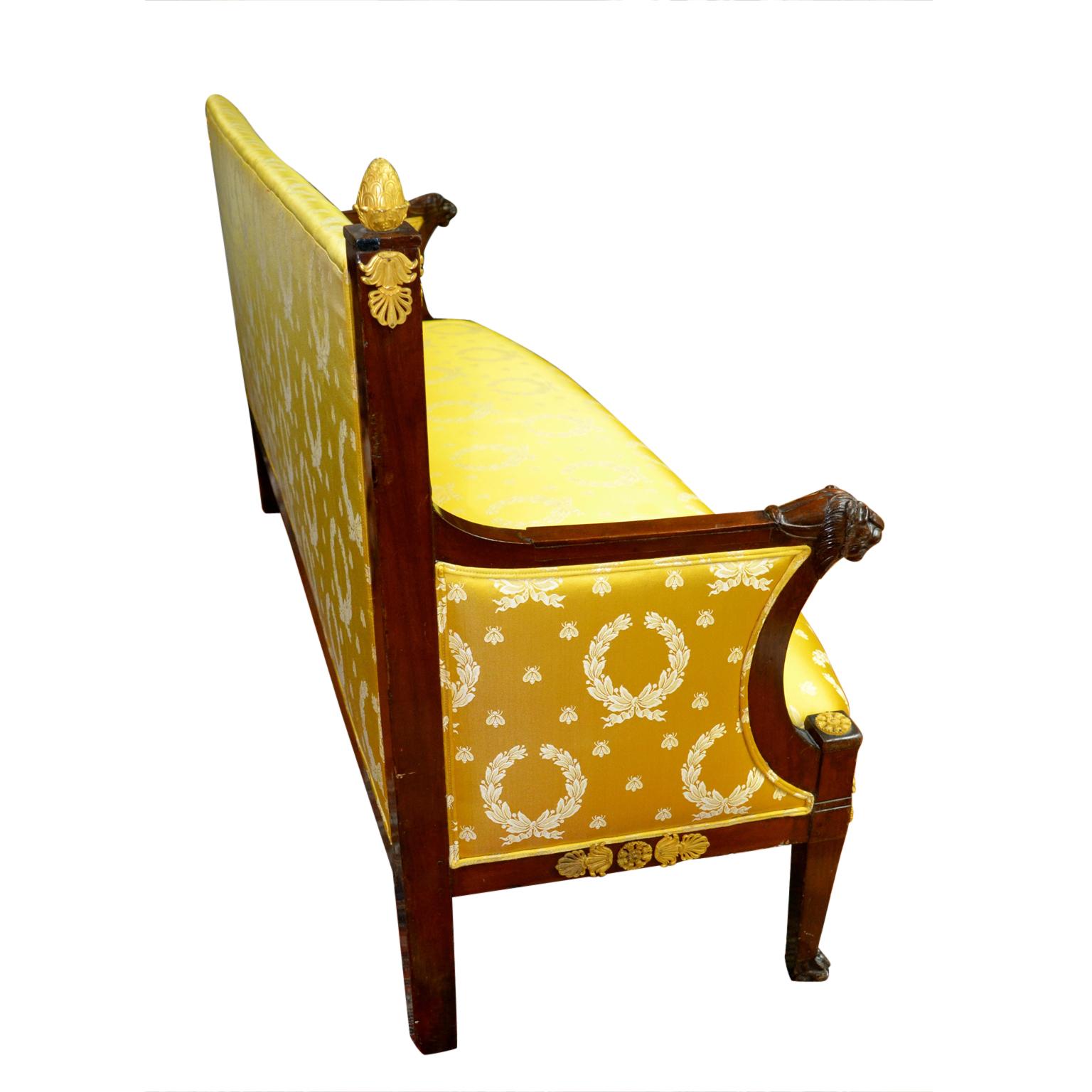 Hand-Crafted Period French Directoire Mahogany Cannape in Gold Empire Silk Fabric For Sale