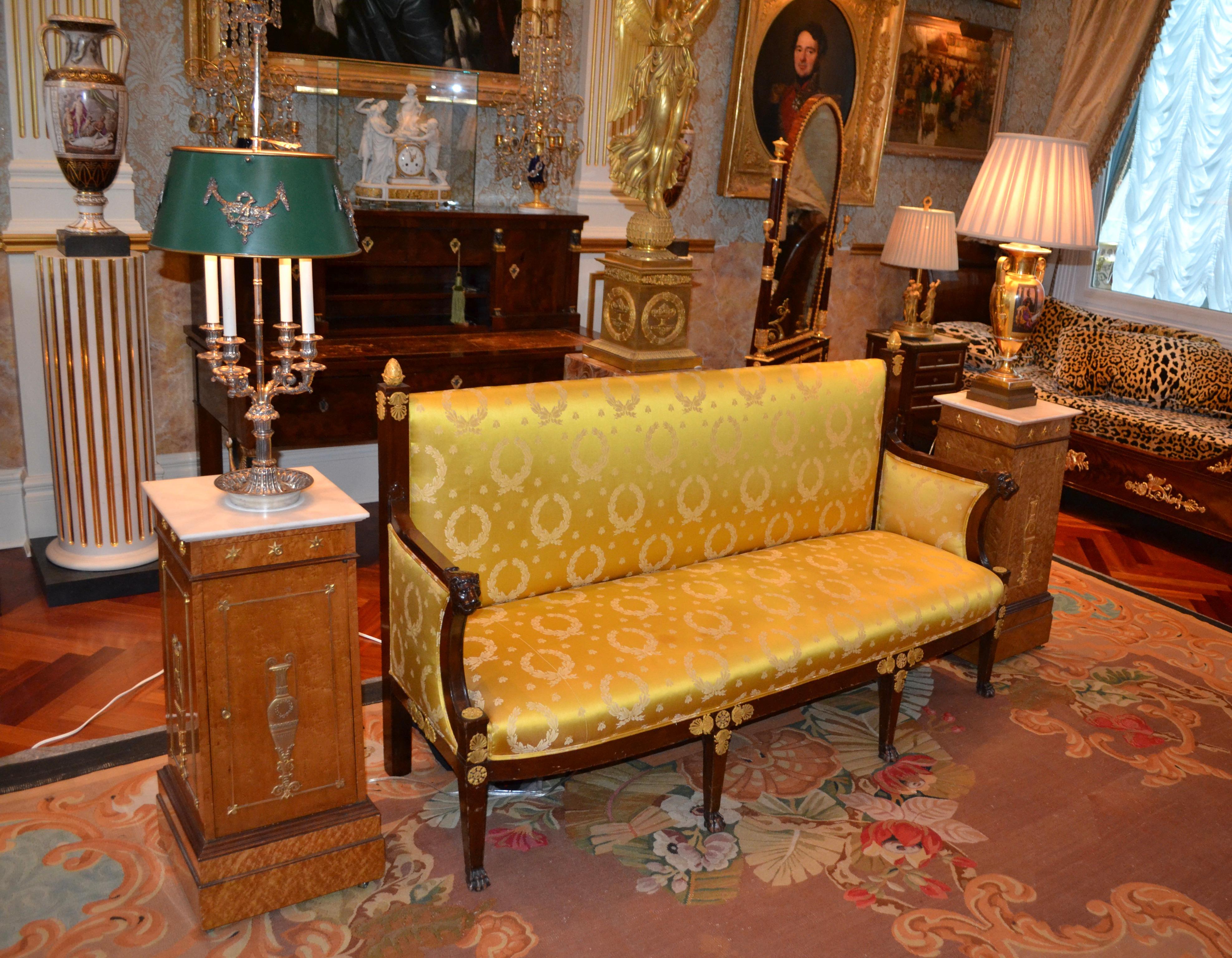 19th Century Period French Directoire Mahogany Cannape in Gold Empire Silk Fabric For Sale
