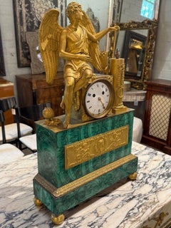 Period French Empire Malachite and Ormolo Figural Clock