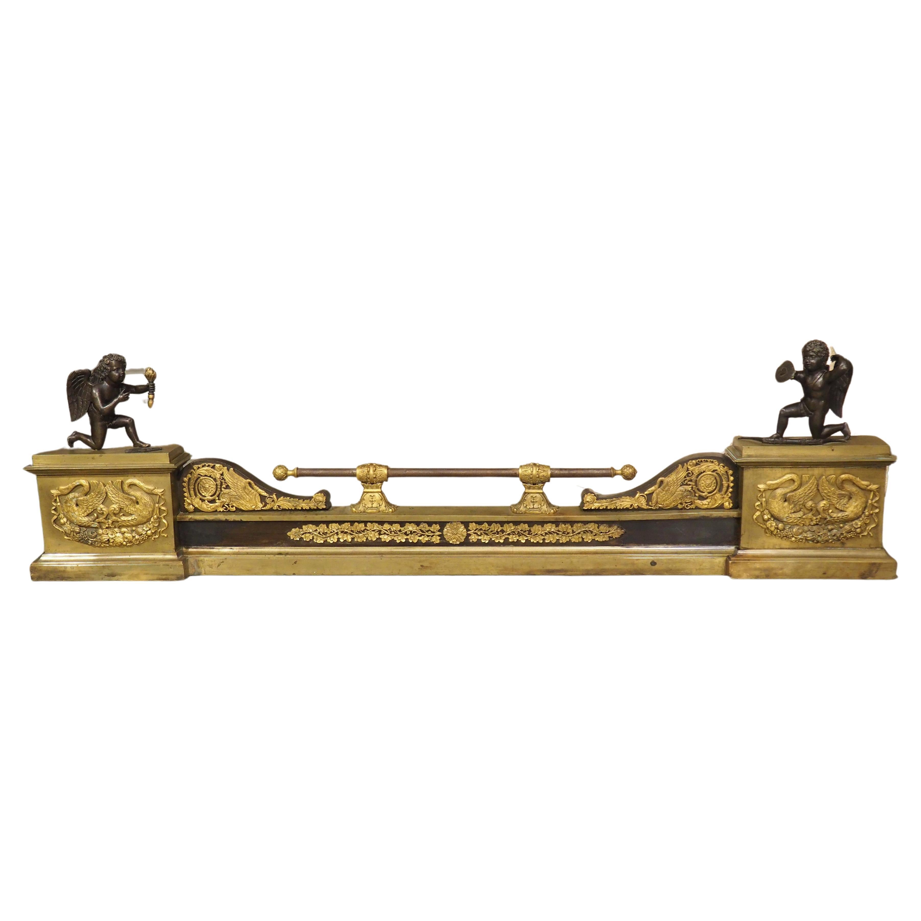 Period French Empire Patinated and Gilt Bronze Fireplace Fender, Circa 1815 For Sale