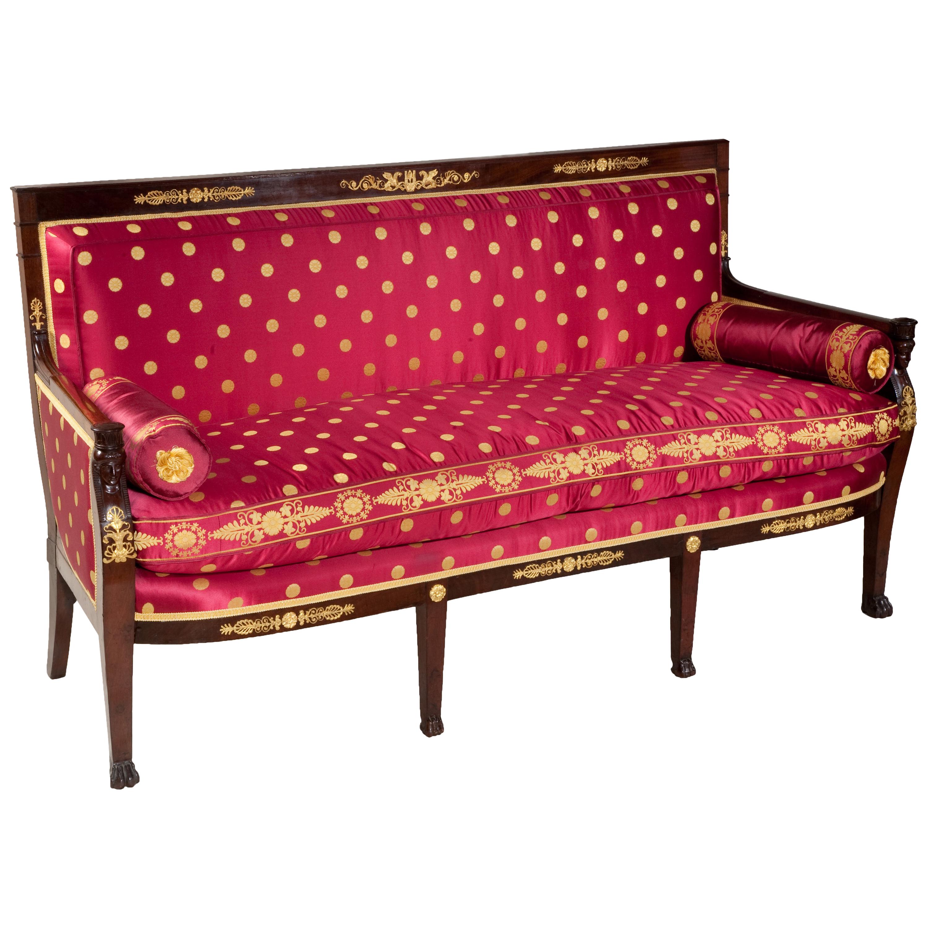Period French Empire Settee in Red Silk Damask Attributed to Jacob