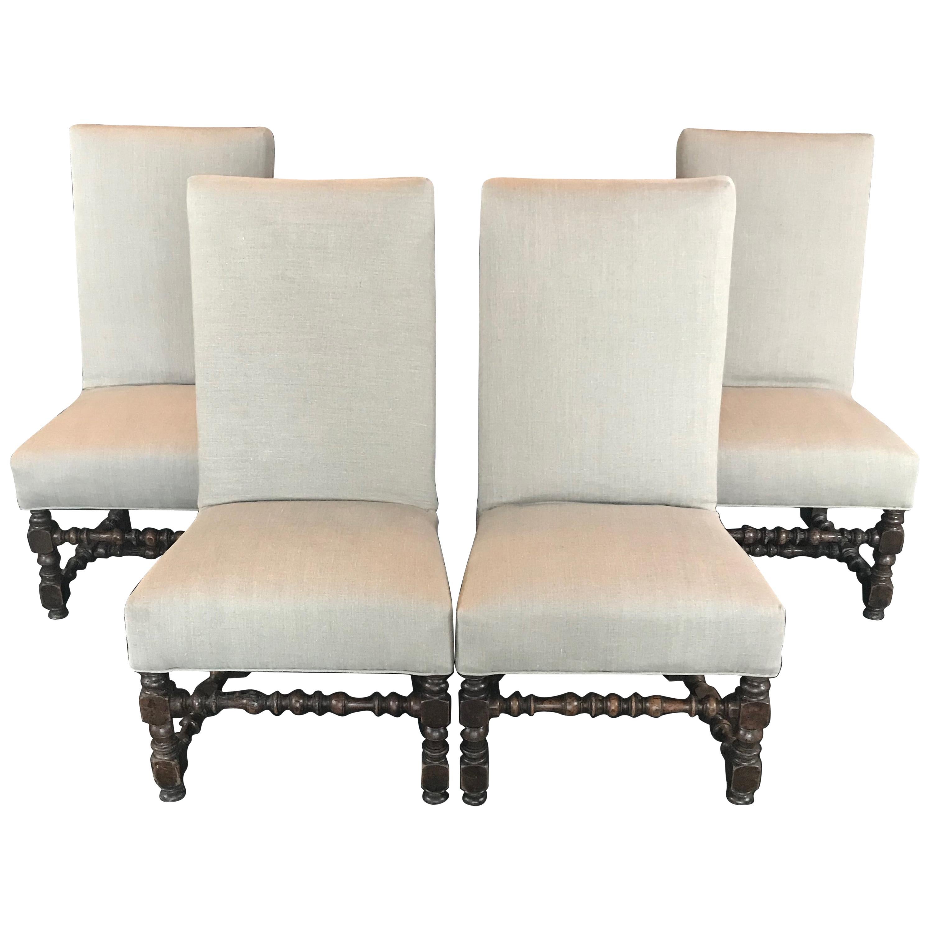  Period French Louis XIV Set of Four Walnut William & Mary Dining Chairs