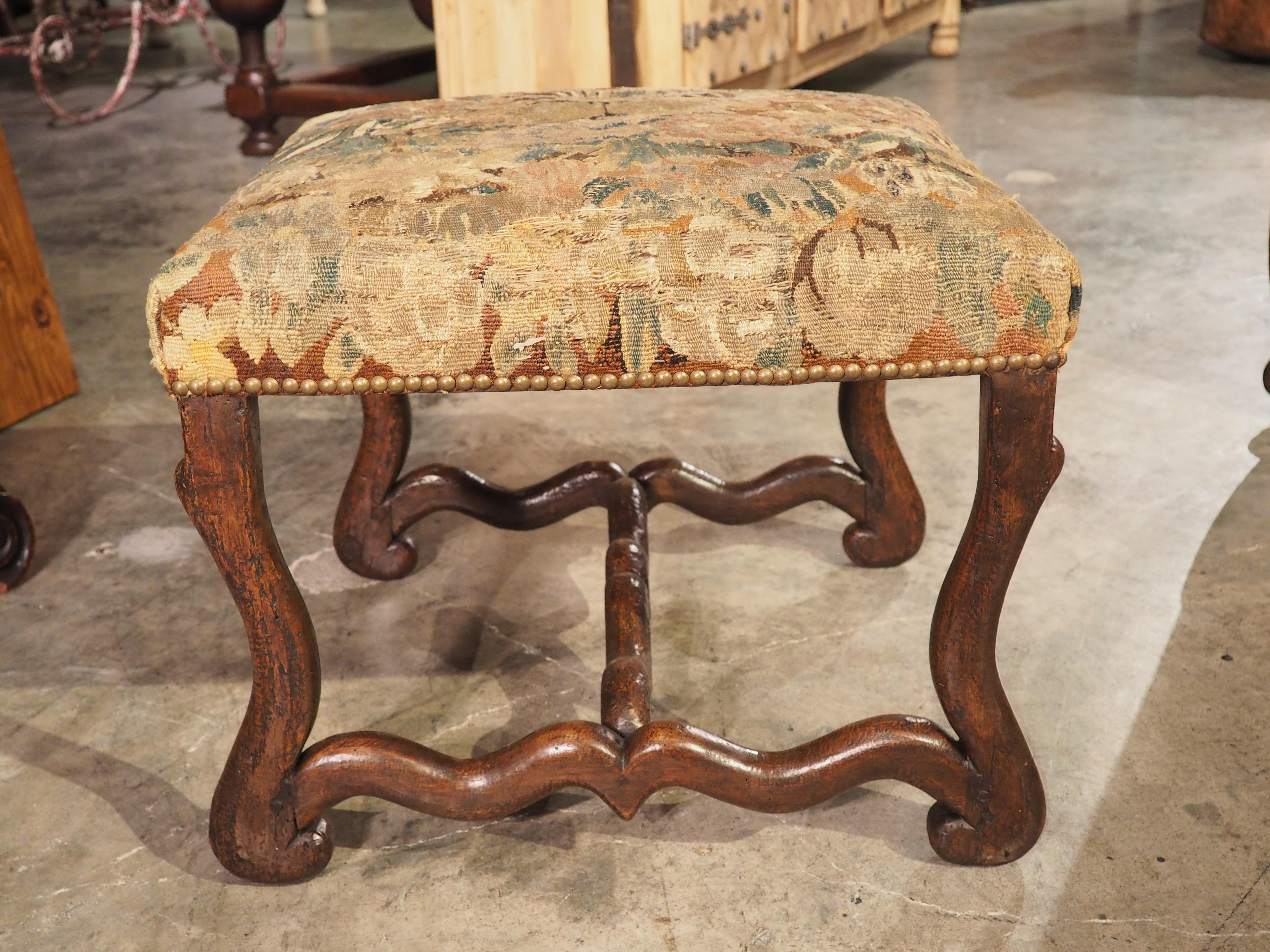 17th Century Period French Louis XIV Walnut Wood and Tapestry Os de Mouton Tabouret