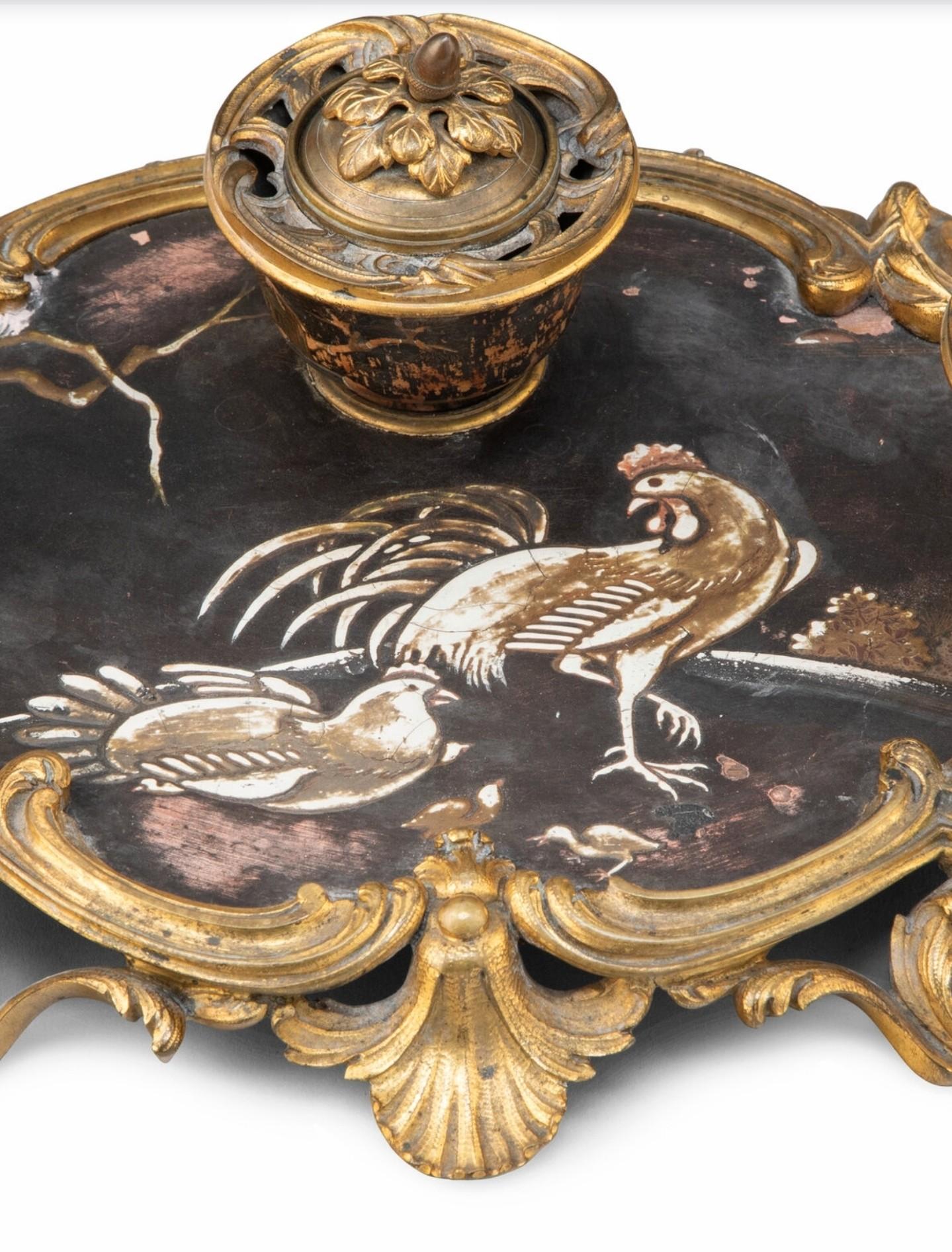 A scarce nearly 300 year old Louis XV (1715-1774) period French gilt bronze ormolu mounted Japanned encrier (inkwell or inkstand)

Paris, France, circa 1750, exceptionally executed in Louis 14th exotic far-east Japanesque / Chinoiserie oriental