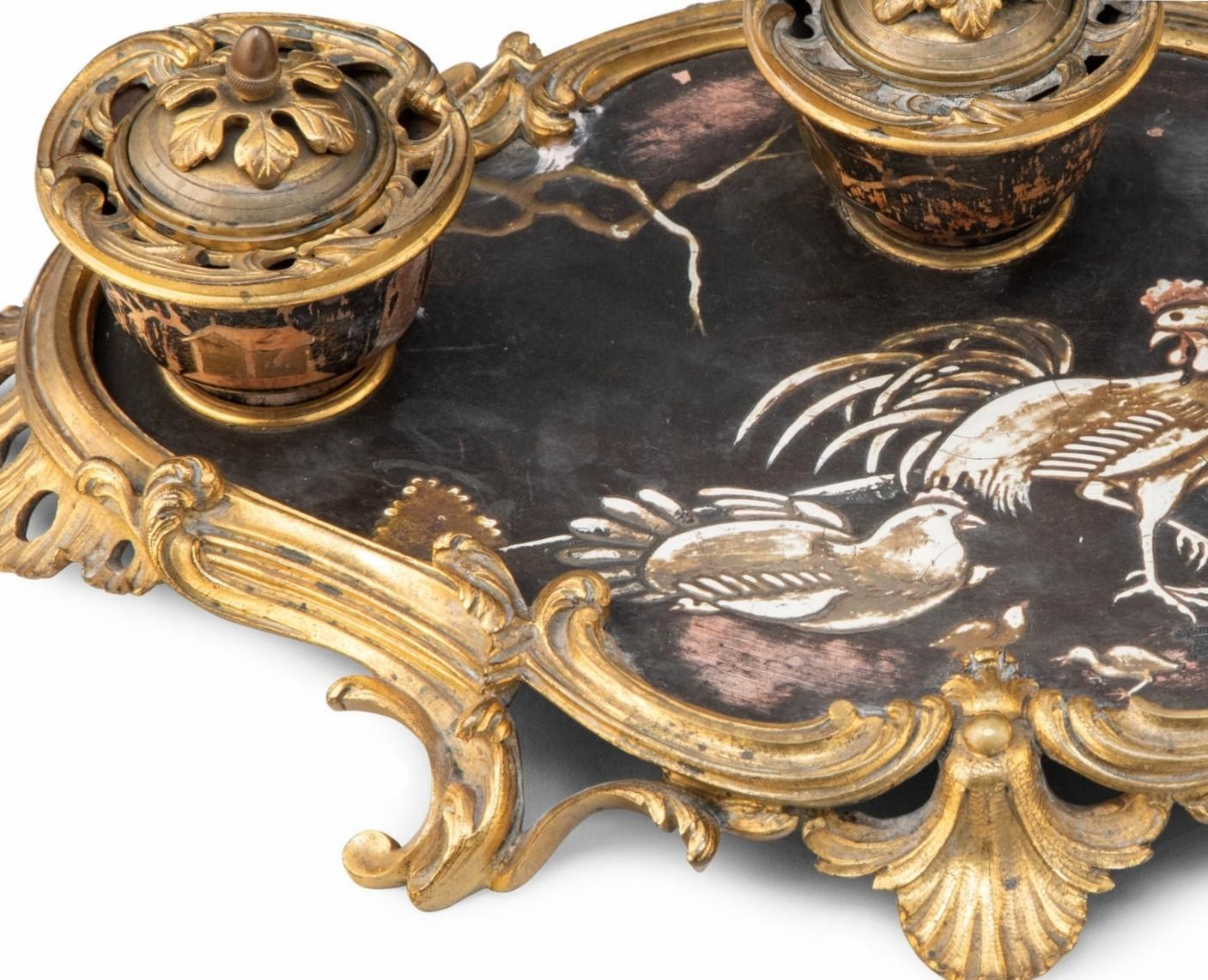 Blackened Period French Louis XV Ormolu Mounted Japanese Lacquer Chinoiserie Inkwell Tray For Sale