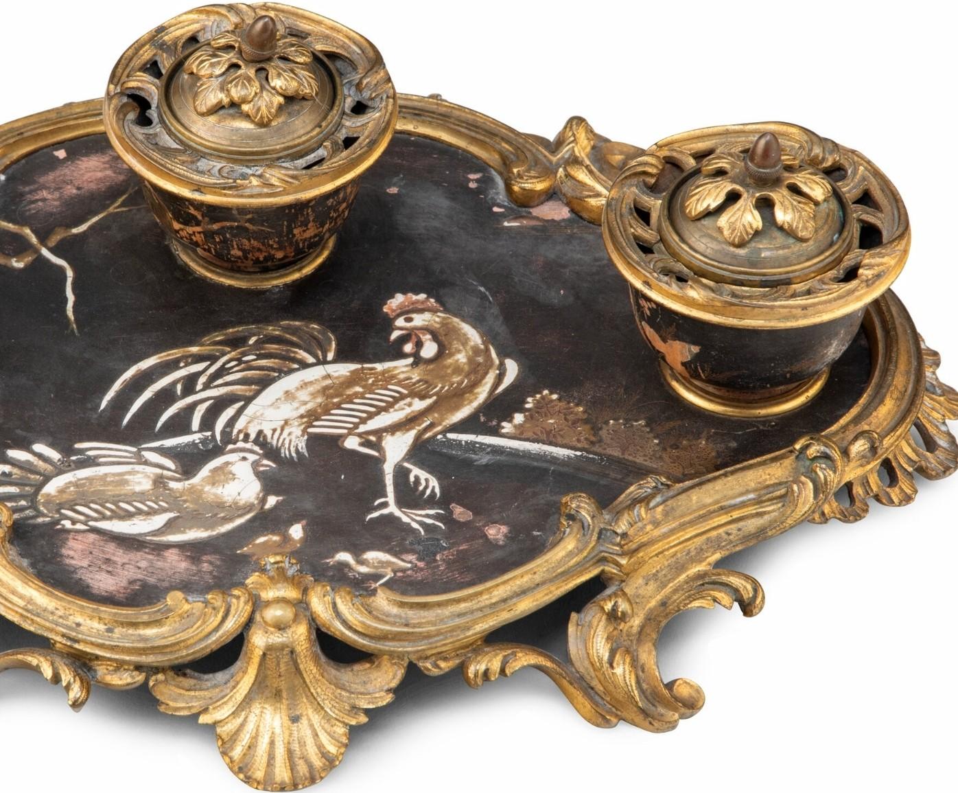 Period French Louis XV Ormolu Mounted Japanese Lacquer Chinoiserie Inkwell Tray In Good Condition For Sale In Forney, TX