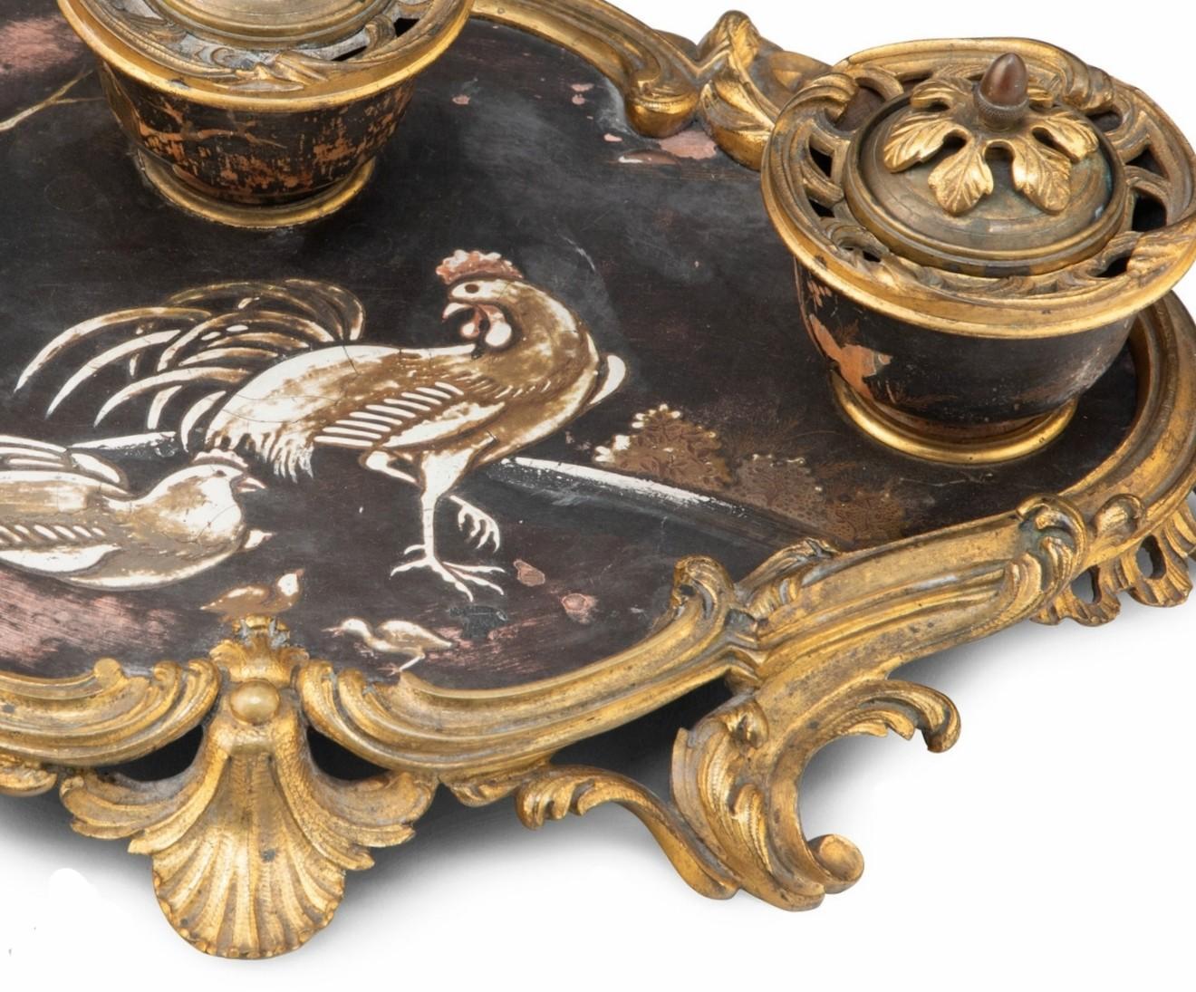 18th Century Period French Louis XV Ormolu Mounted Japanese Lacquer Chinoiserie Inkwell Tray For Sale