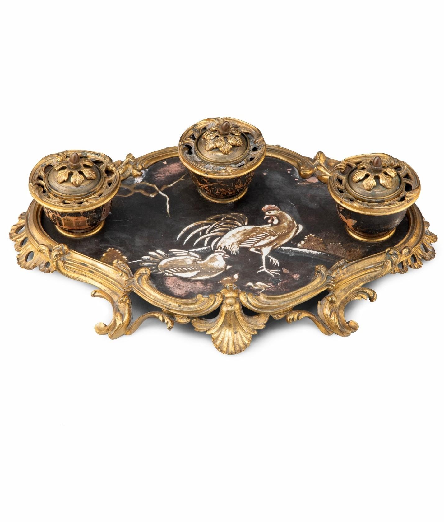 Period French Louis XV Ormolu Mounted Japanese Lacquer Chinoiserie Inkwell Tray For Sale 1