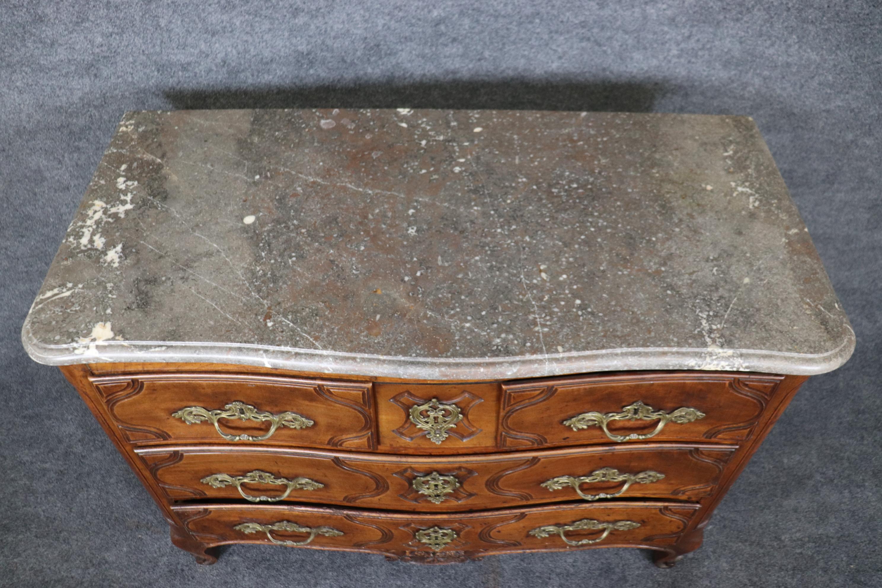 Period French Louis XV Walnut Marble Top Bronze Mounted Commode For Sale 8