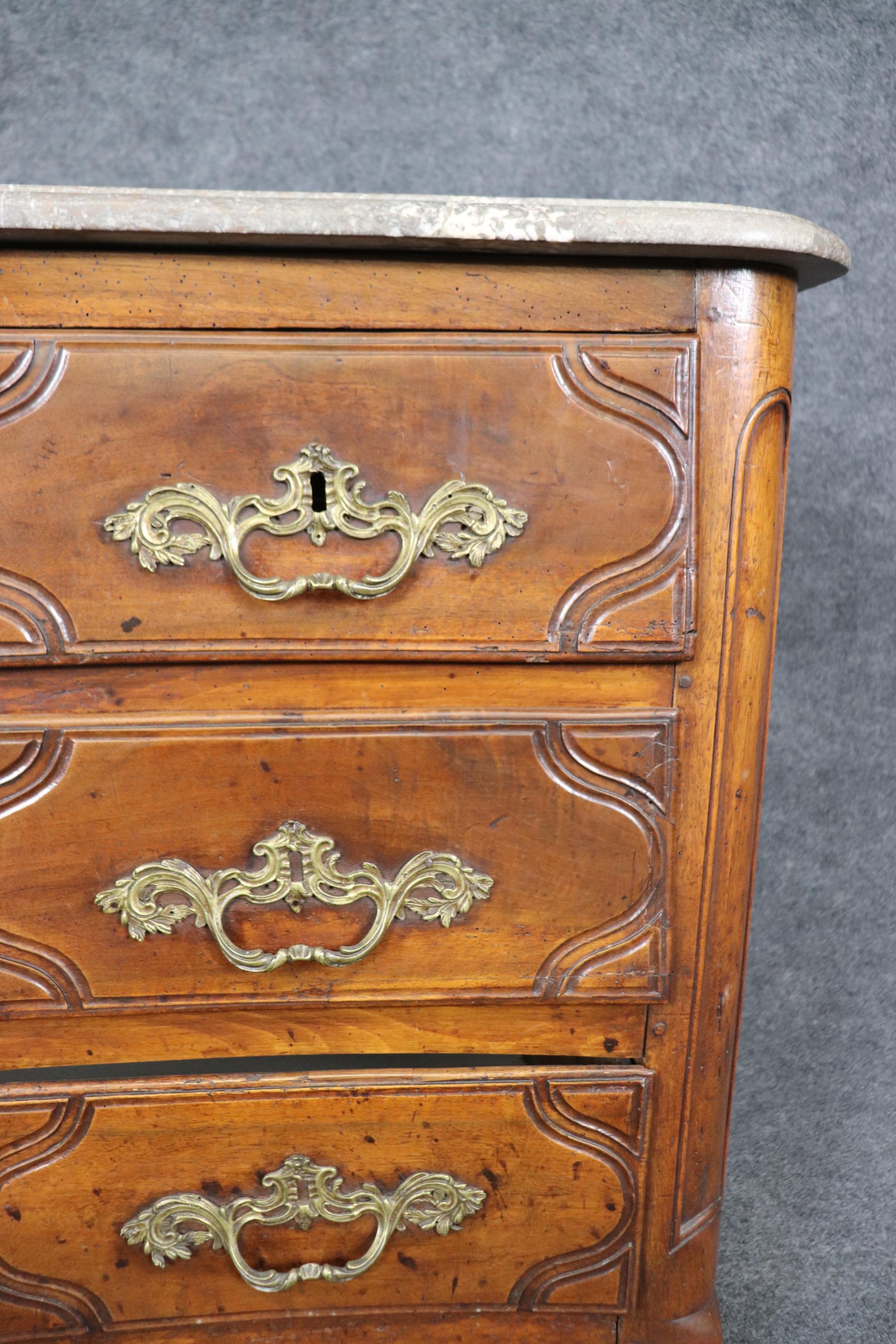 Period French Louis XV Walnut Marble Top Bronze Mounted Commode For Sale 11