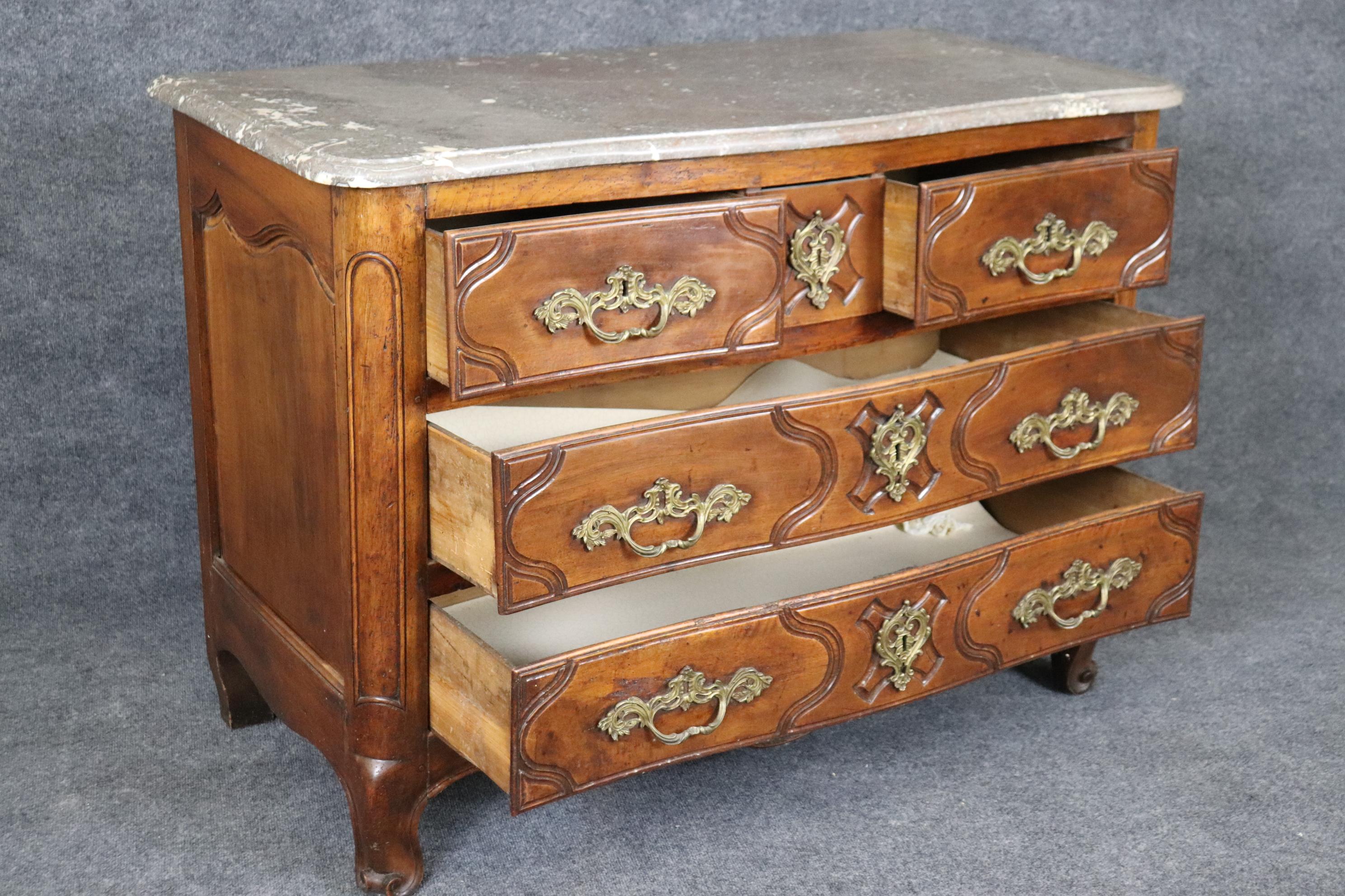 Period French Louis XV Walnut Marble Top Bronze Mounted Commode For Sale 2