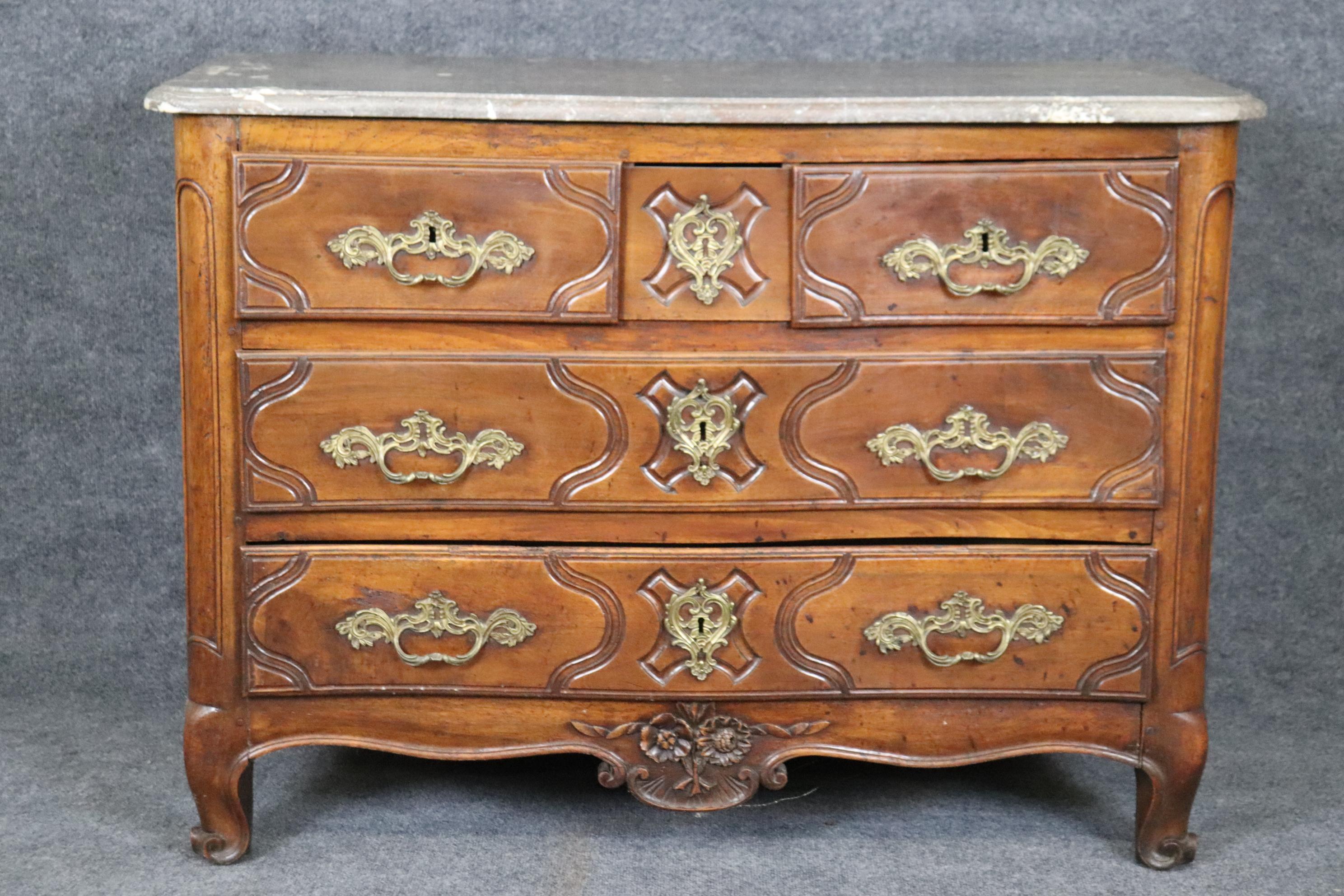 Period French Louis XV Walnut Marble Top Bronze Mounted Commode For Sale 4