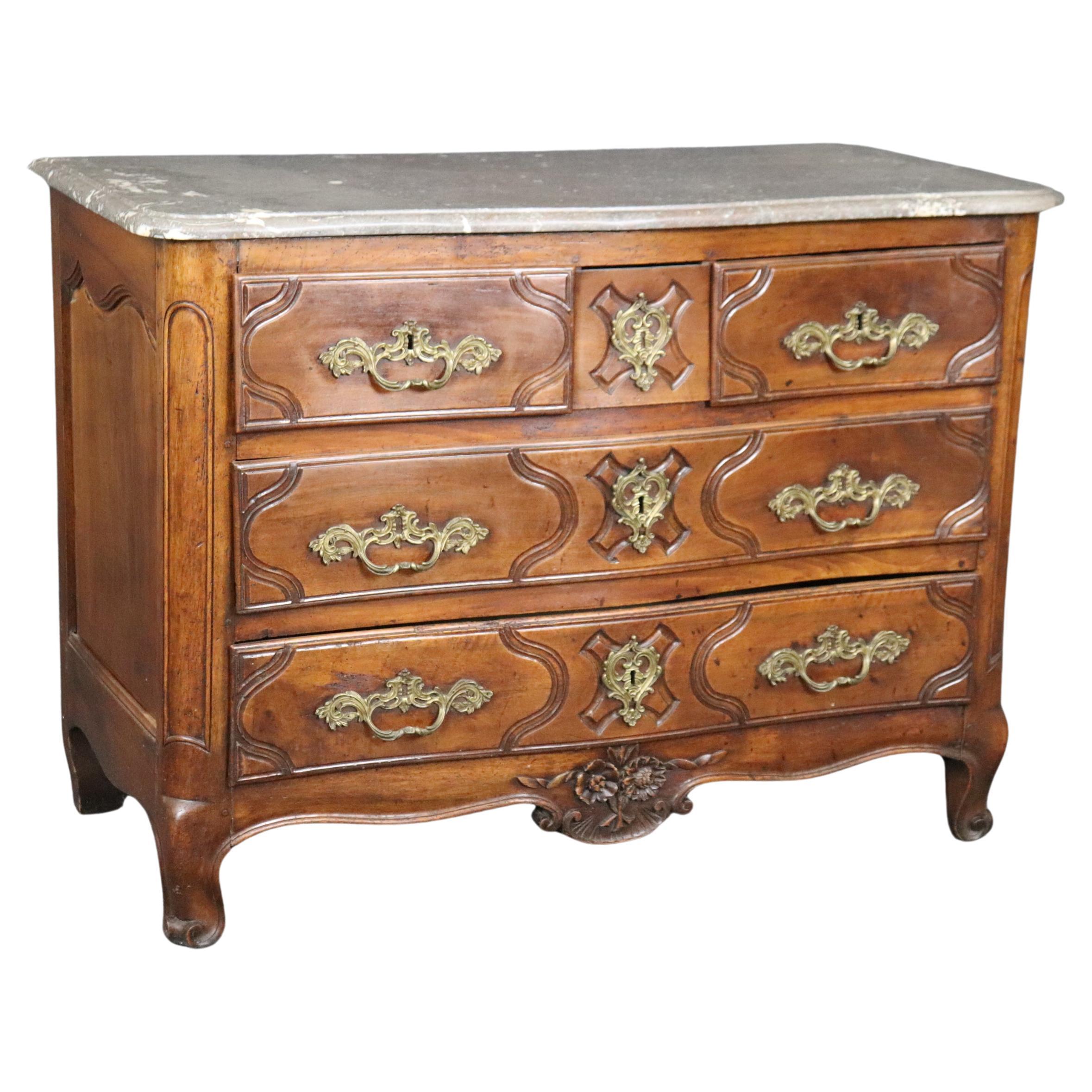 Period French Louis XV Walnut Marble Top Bronze Mounted Commode For Sale