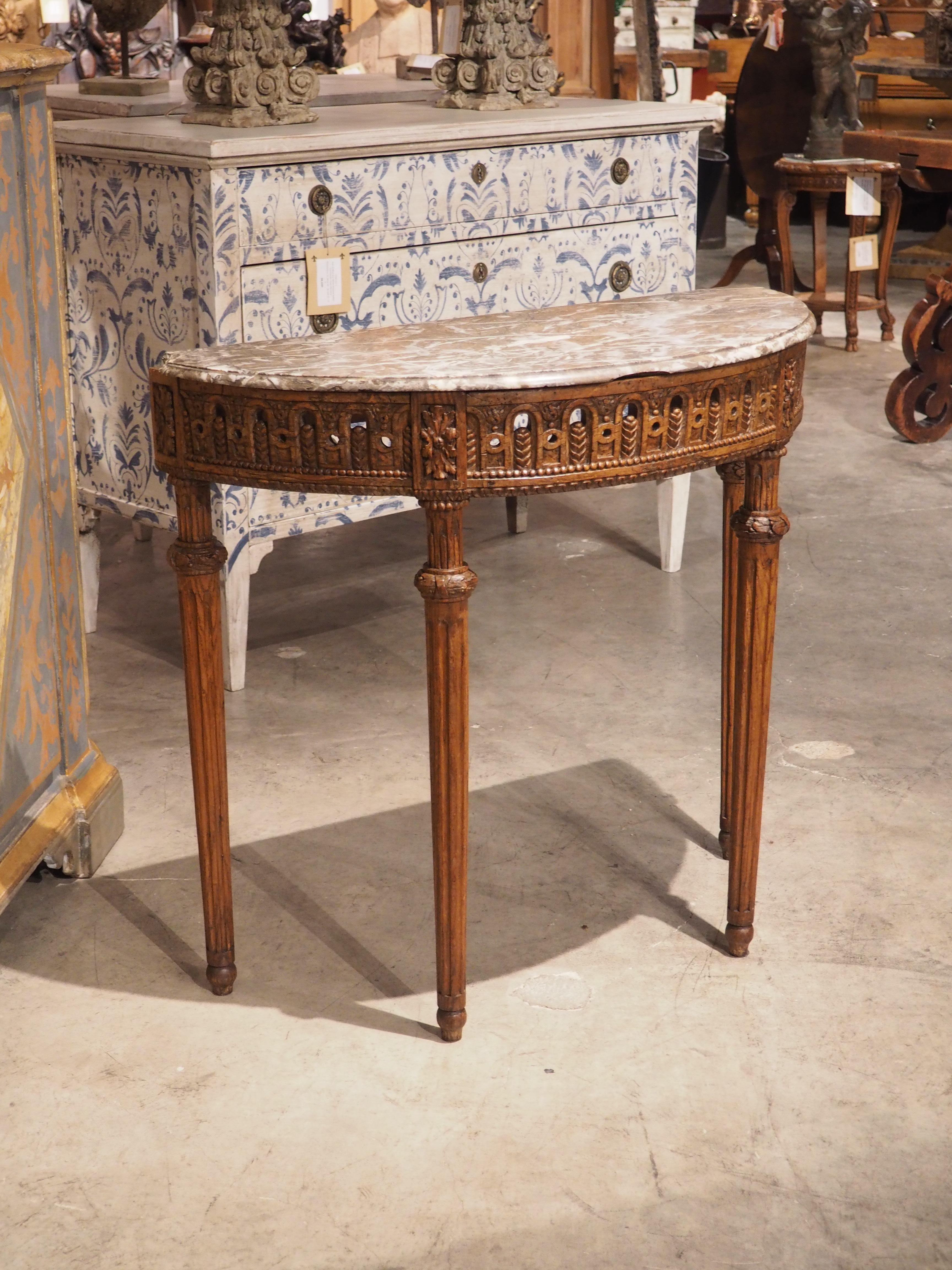 Period French Louis XVI Carved Oak and Marble Demi Lune Console Table, C. 1785 For Sale 4